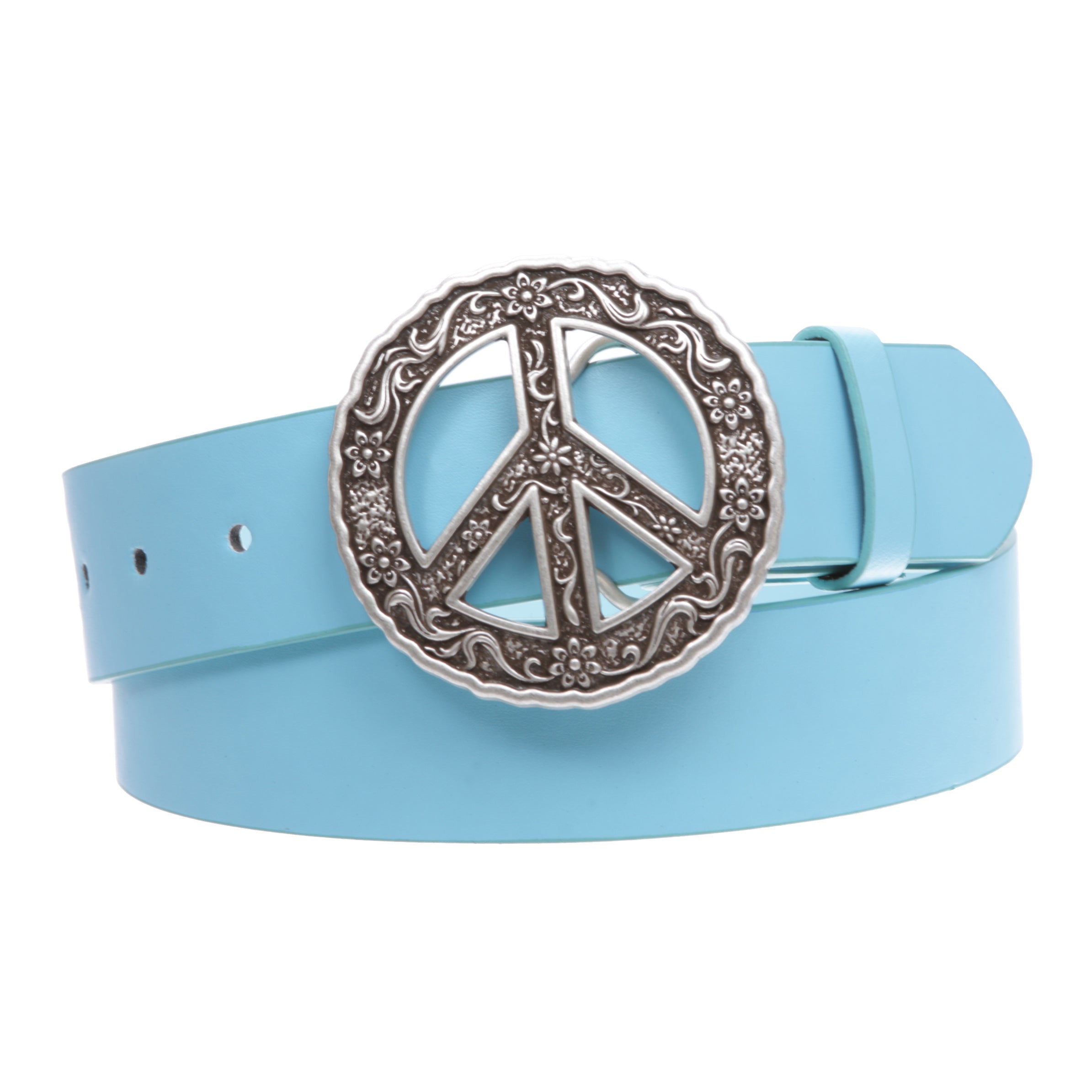 1 1/2" Snap On Belt With Round Perforated Floral Engraving Peace Sign Belt Buckle - OnlineBelts