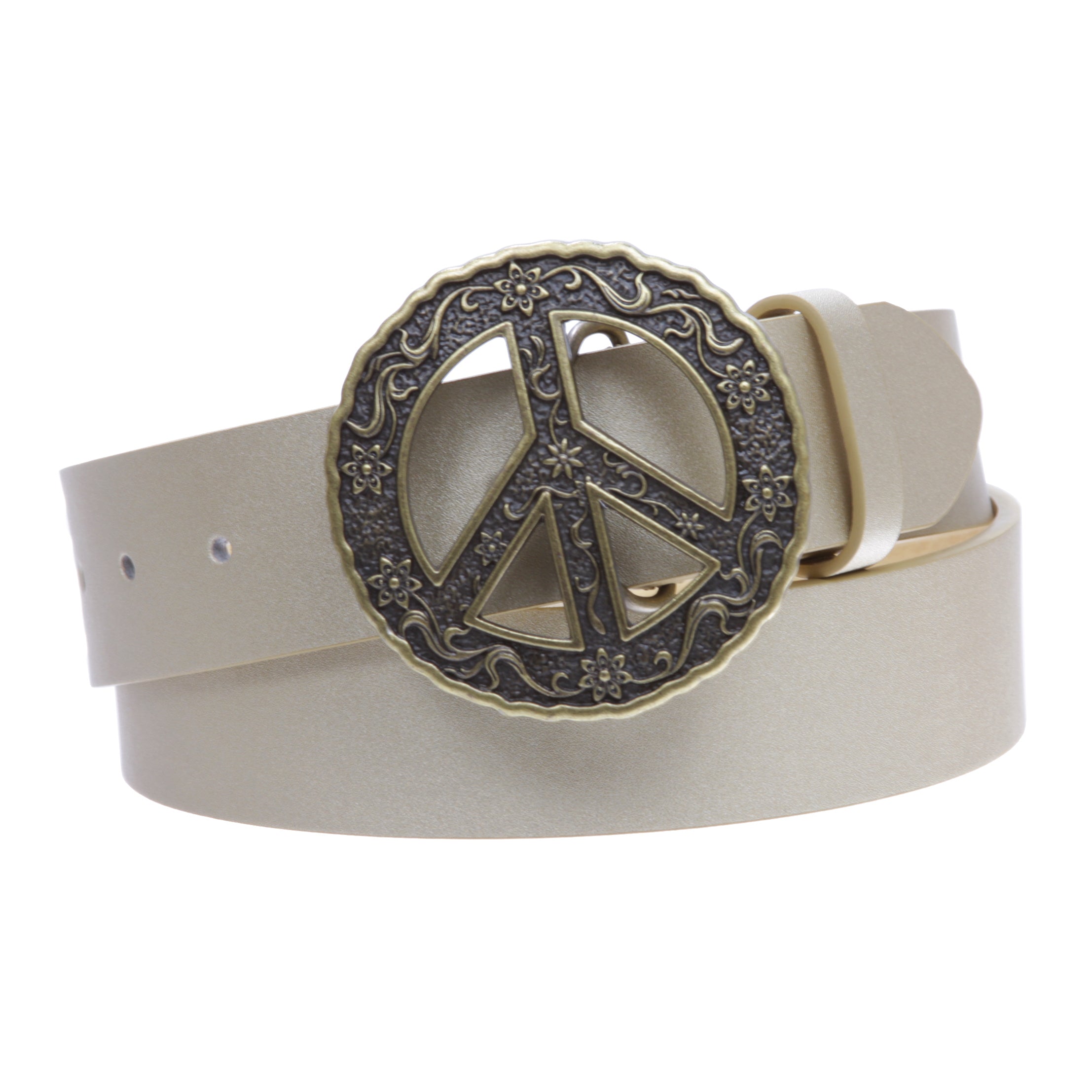 1 1/2" Snap On Belt With Round Perforated Floral Engraving Peace Sign Belt Buckle - OnlineBelts