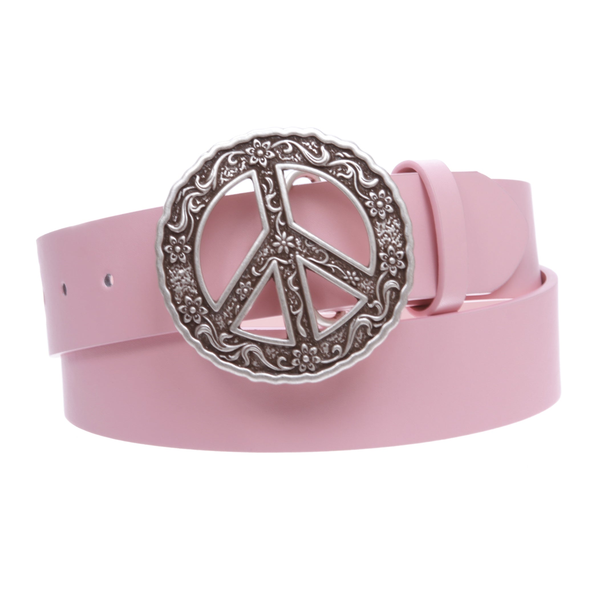 1 1/2" Snap On Belt With Round Perforated Floral Engraving Peace Sign Belt Buckle - OnlineBelts