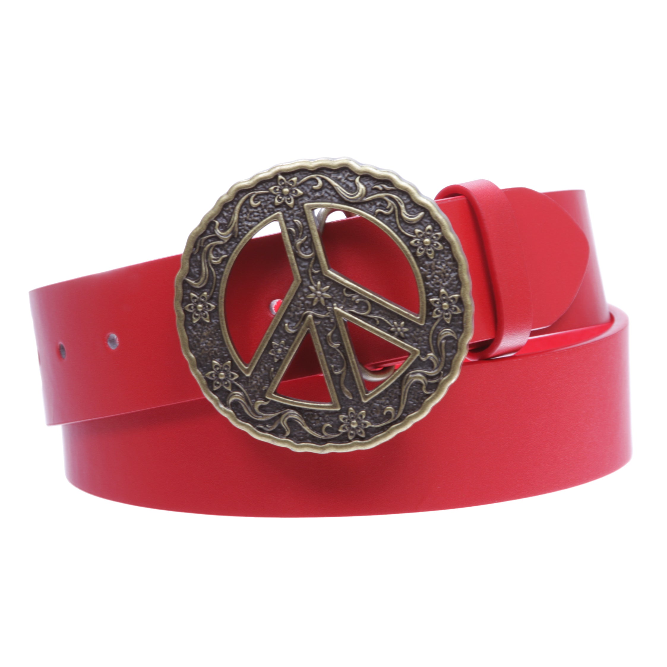 1 1/2" Snap On Belt With Round Perforated Floral Engraving Peace Sign Belt Buckle - OnlineBelts