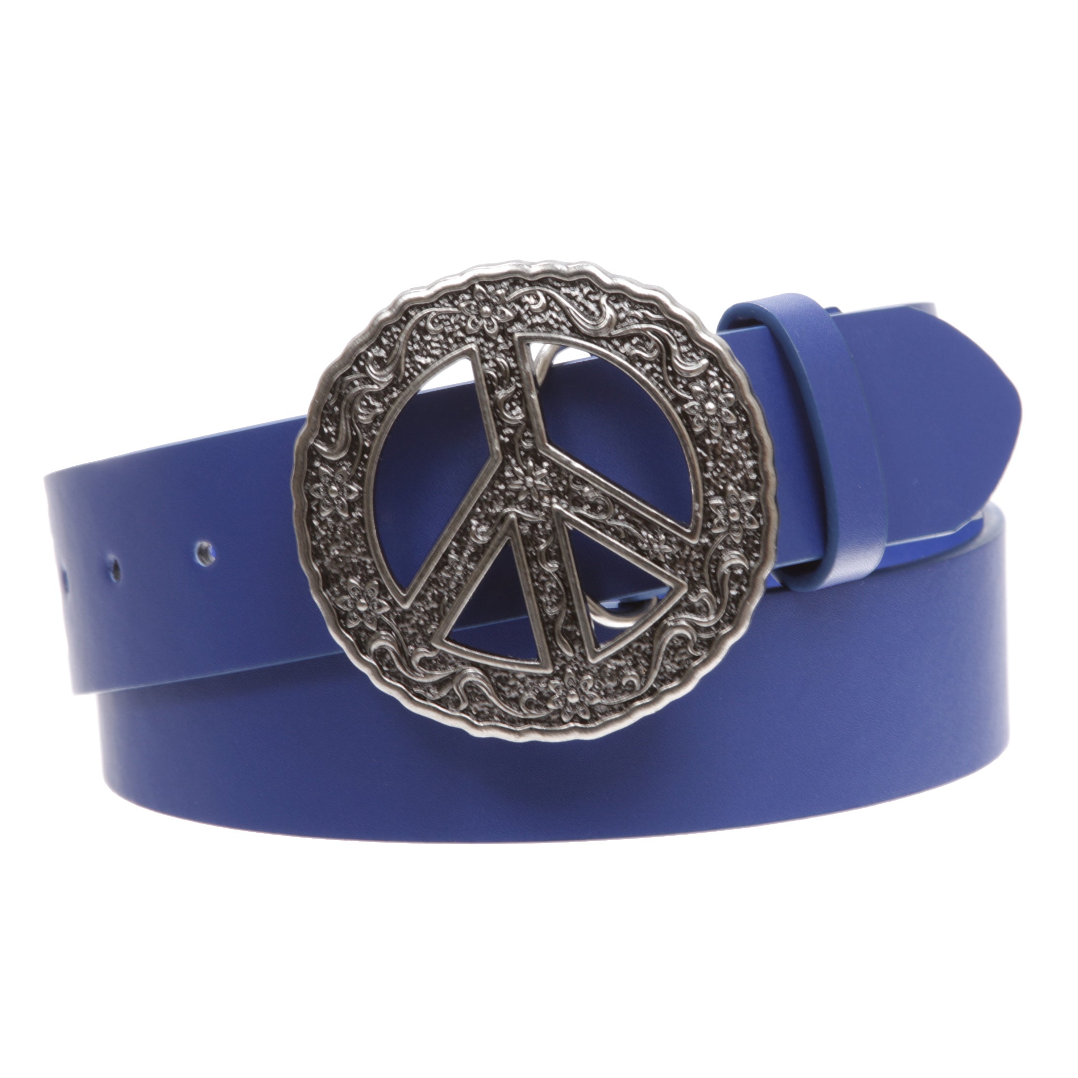 1 1/2" Snap On Belt With Round Perforated Floral Engraving Peace Sign Belt Buckle - OnlineBelts