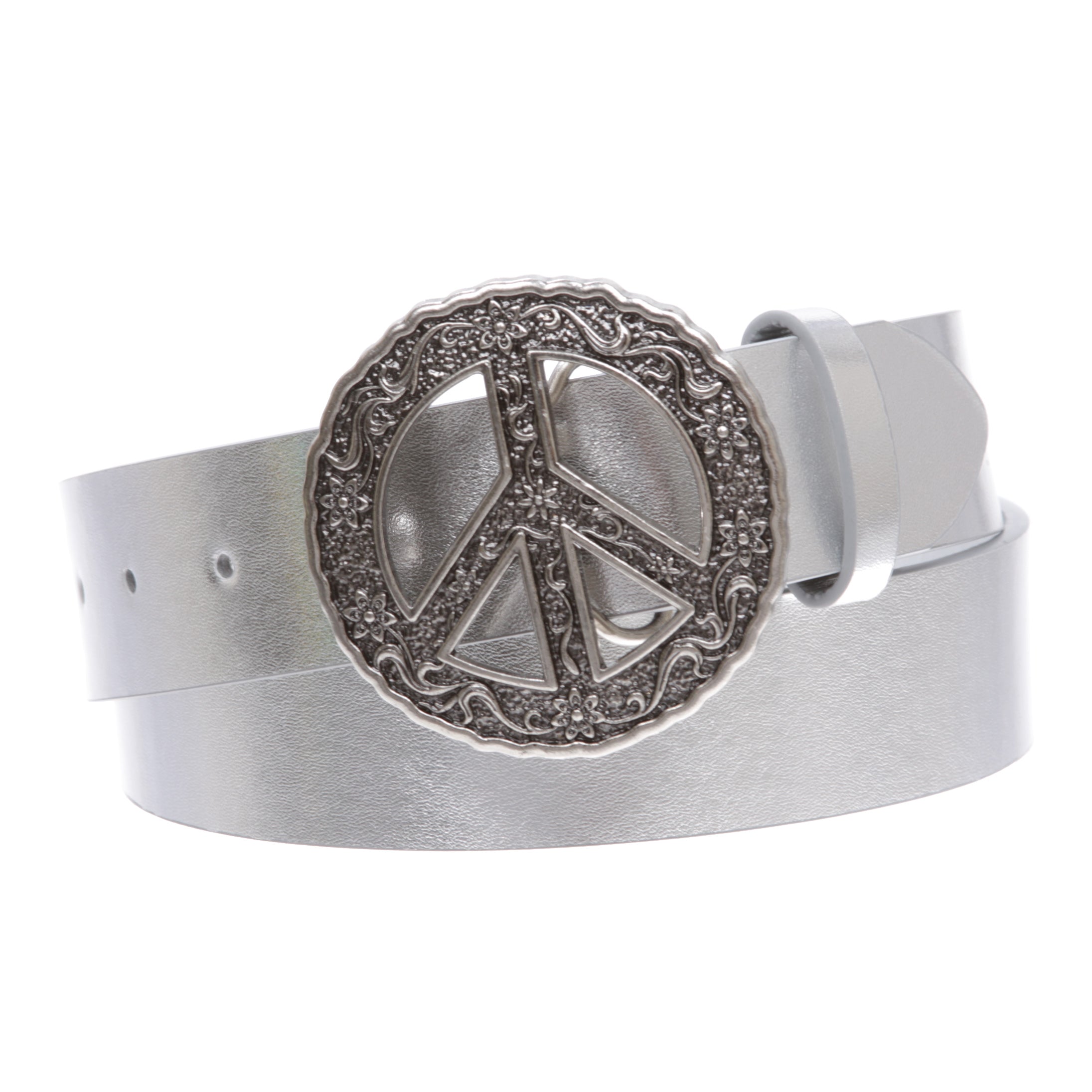 1 1/2" Snap On Belt With Round Perforated Floral Engraving Peace Sign Belt Buckle - OnlineBelts