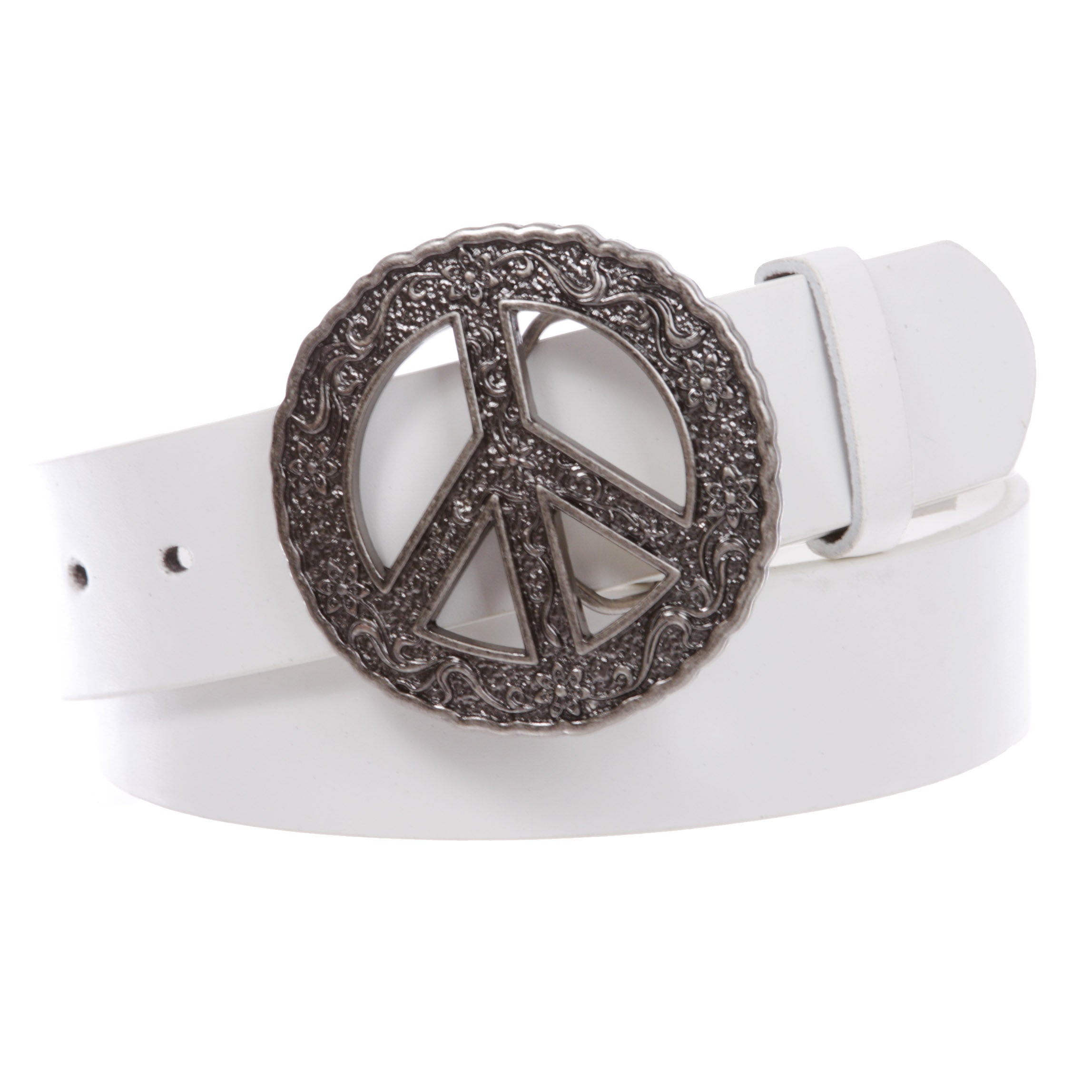 1 1/2" Snap On Belt With Round Perforated Floral Engraving Peace Sign Belt Buckle - OnlineBelts