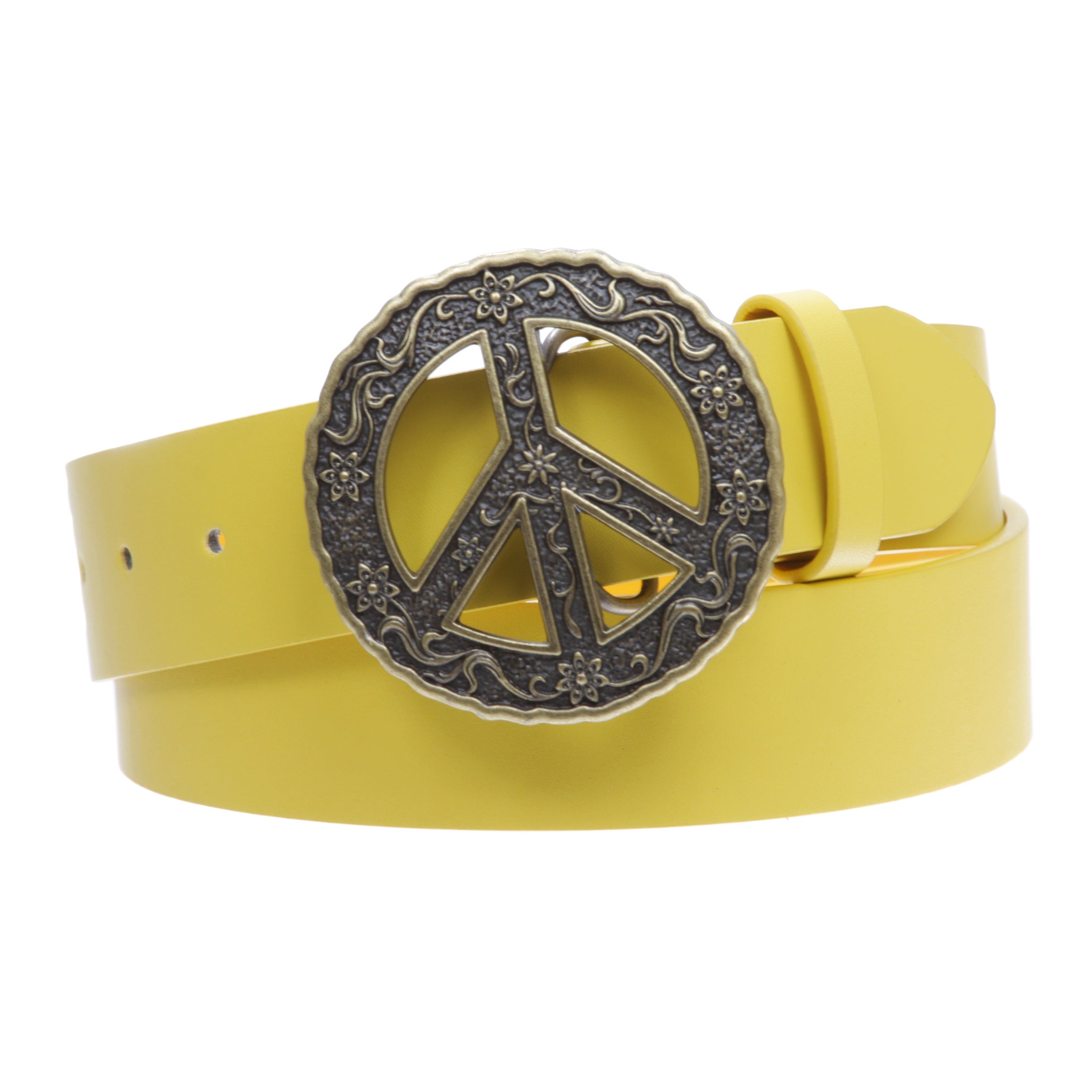 1 1/2" Snap On Belt With Round Perforated Floral Engraving Peace Sign Belt Buckle - OnlineBelts