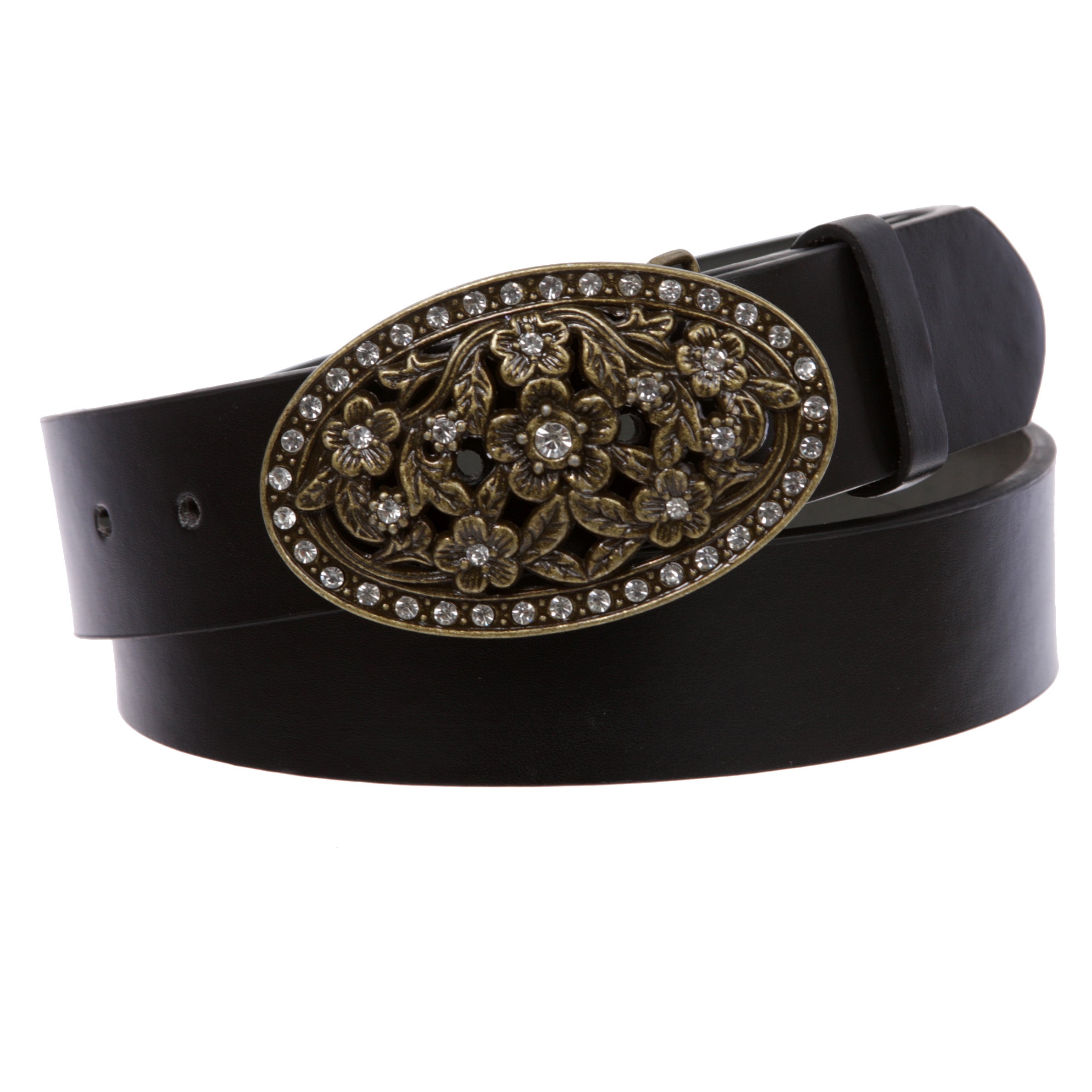 1 1/2" Women's Snap On Belt With Oval Perforated Engraved Crystal Rhinestone Western Floral Buckle - OnlineBelts
