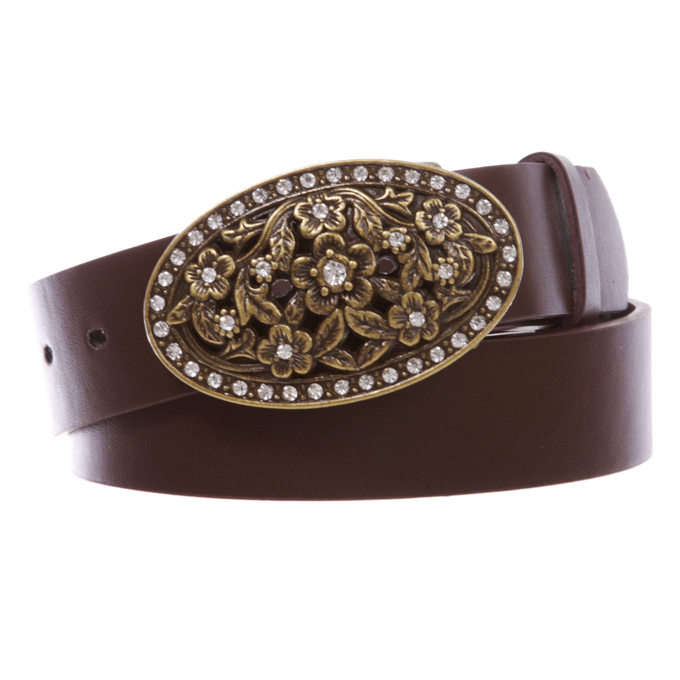 1 1/2" Women's Snap On Belt With Oval Perforated Engraved Crystal Rhinestone Western Floral Buckle - OnlineBelts