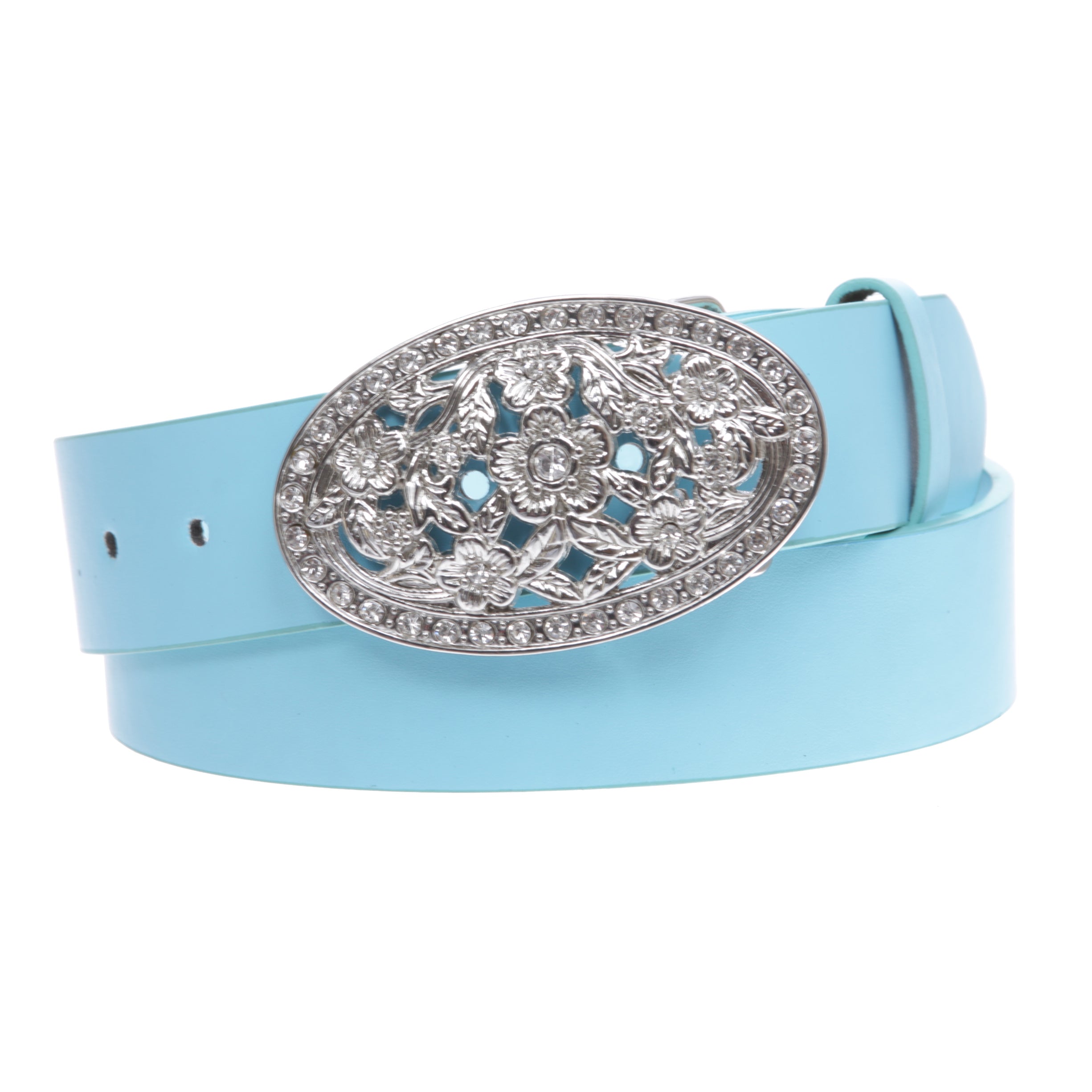 1 1/2" Women's Snap On Belt With Oval Perforated Engraved Crystal Rhinestone Western Floral Buckle - OnlineBelts
