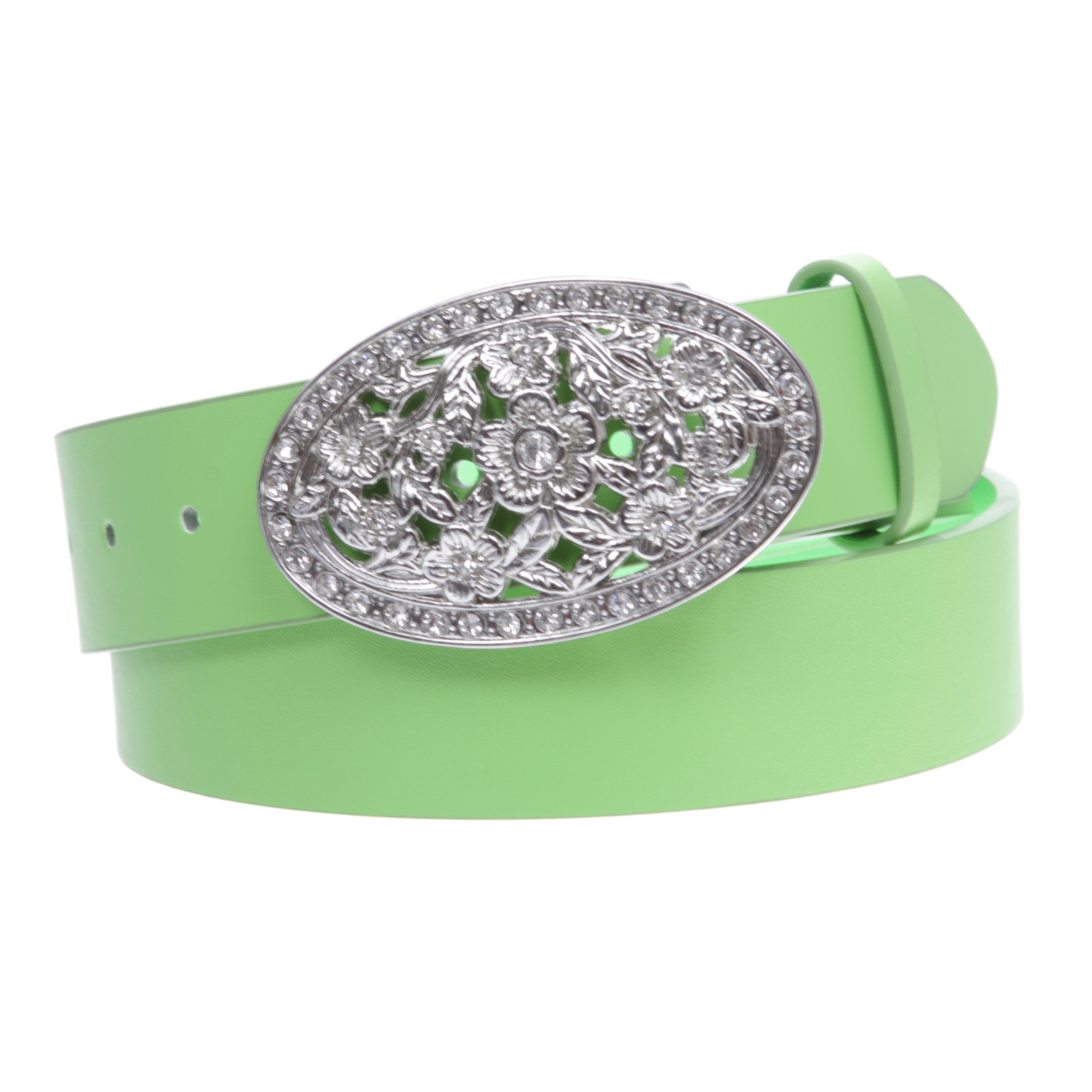 1 1/2" Women's Snap On Belt With Oval Perforated Engraved Crystal Rhinestone Western Floral Buckle - OnlineBelts