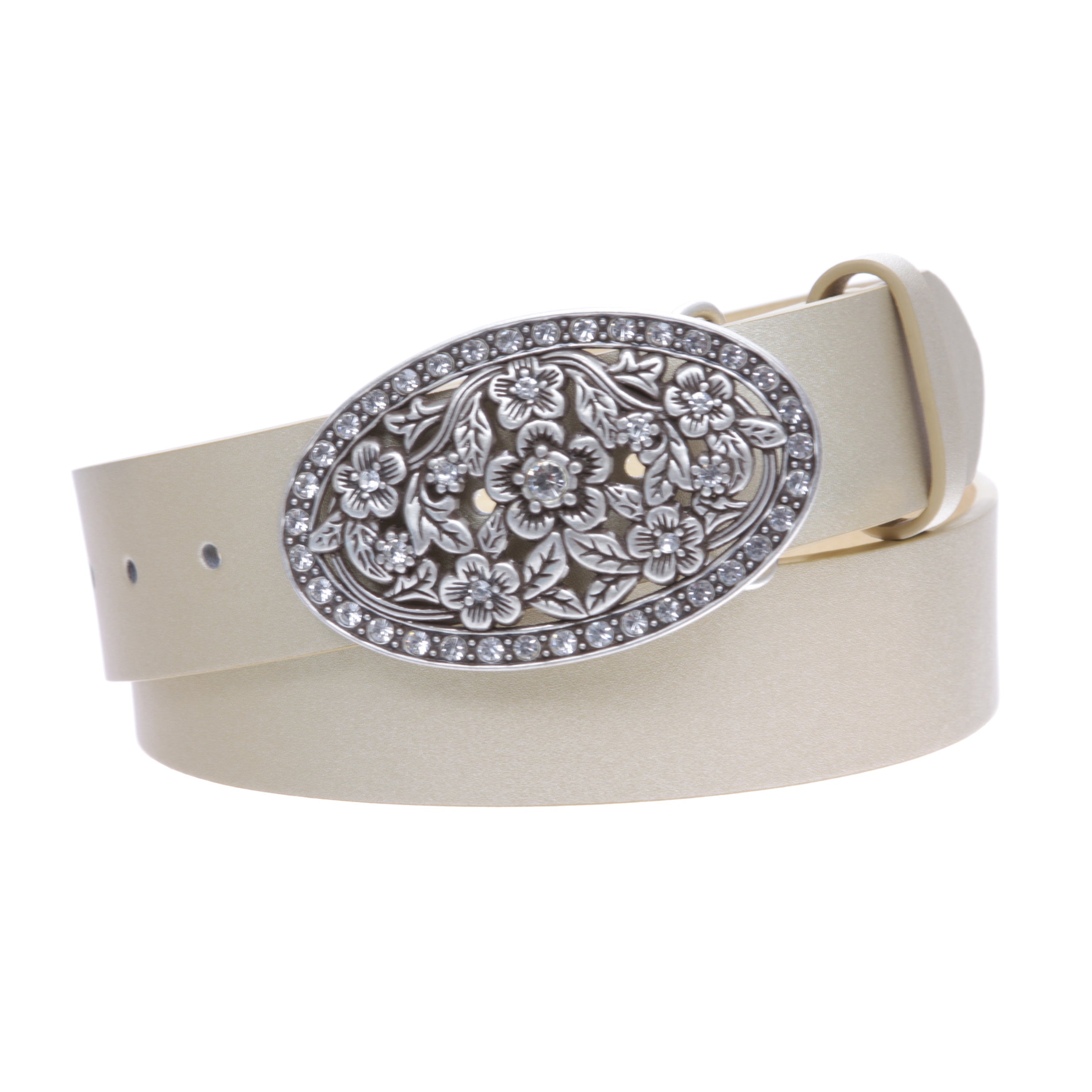 1 1/2" Women's Snap On Belt With Oval Perforated Engraved Crystal Rhinestone Western Floral Buckle - OnlineBelts