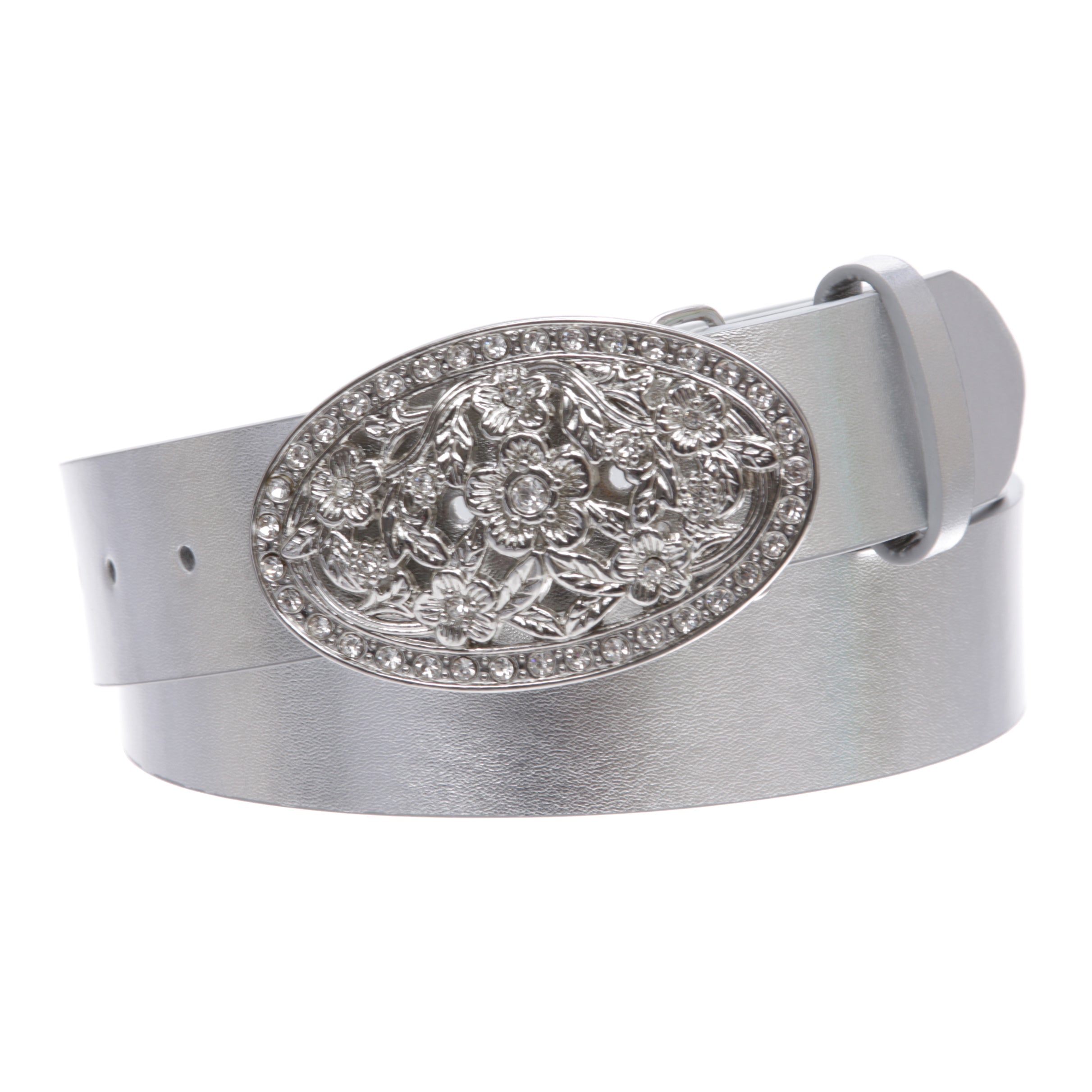 1 1/2" Women's Snap On Belt With Oval Perforated Engraved Crystal Rhinestone Western Floral Buckle - OnlineBelts