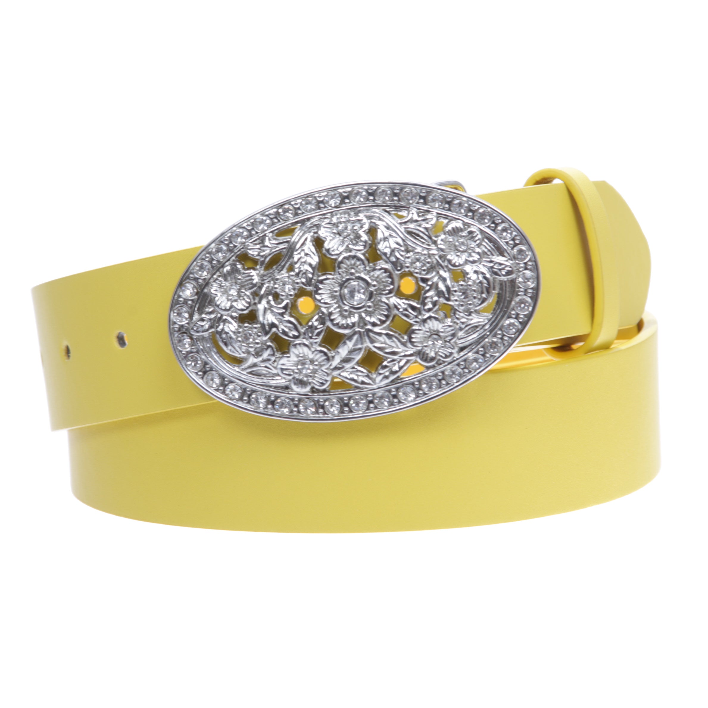 1 1/2" Women's Snap On Belt With Oval Perforated Engraved Crystal Rhinestone Western Floral Buckle - OnlineBelts