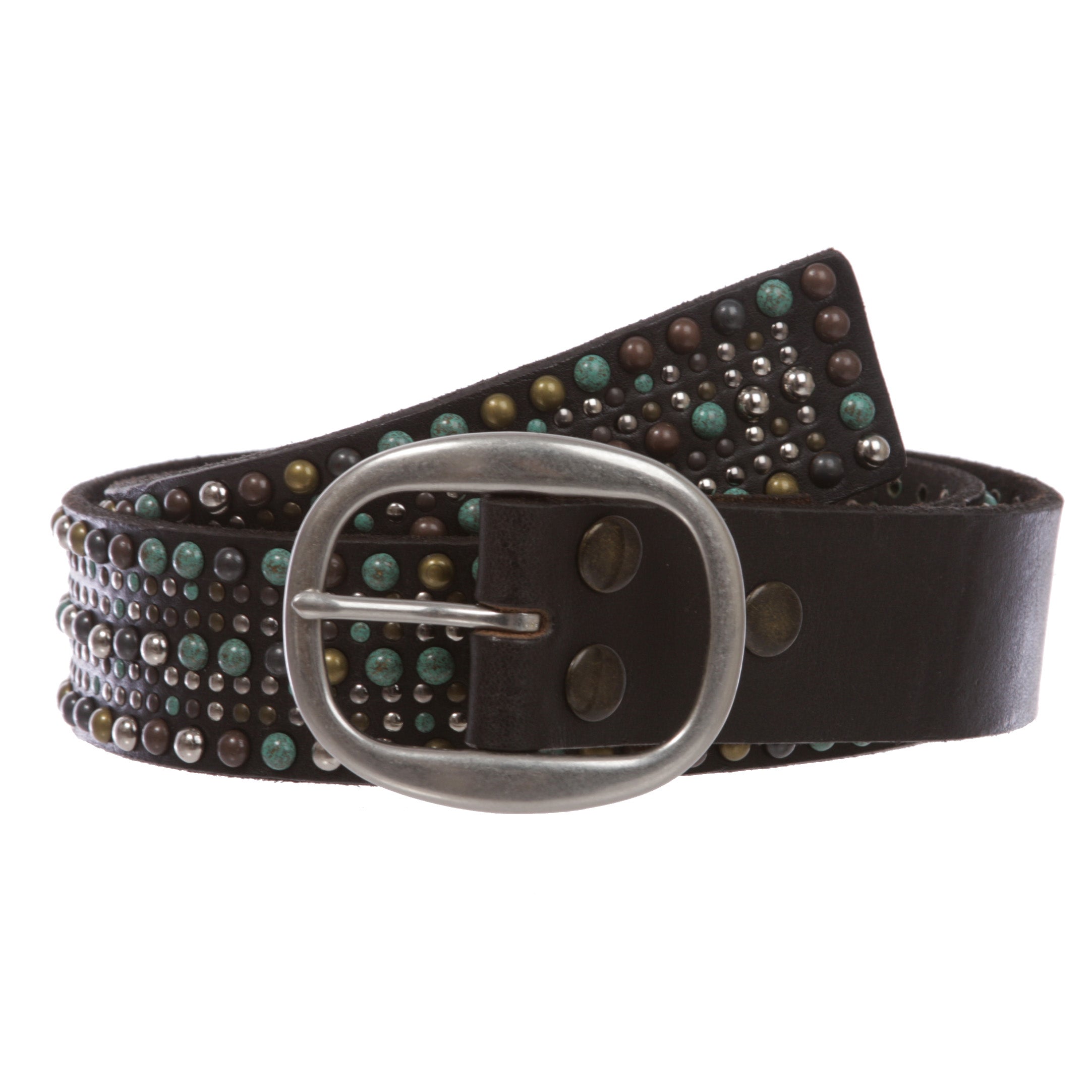 1 1/2" Snap On Tiny Multiple Turquoise Rivet Circle Studded Leather Jean Belt - OnlineBelts