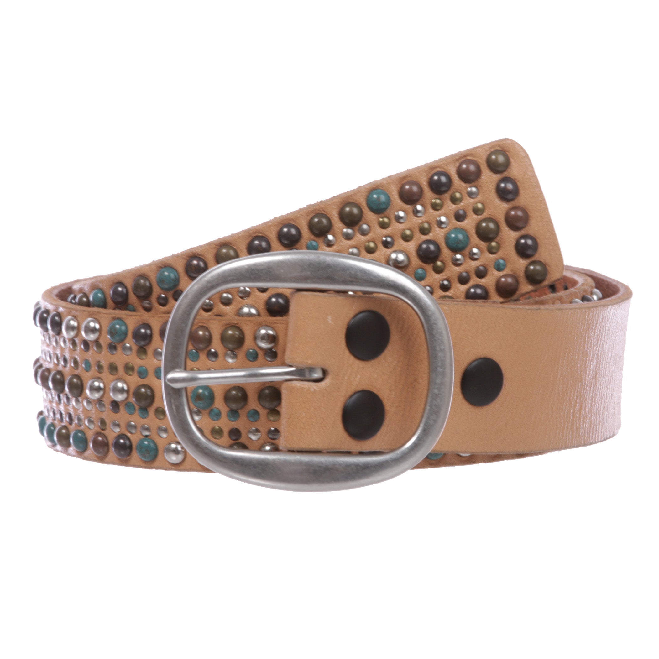1 1/2" Snap On Tiny Multiple Turquoise Rivet Circle Studded Leather Jean Belt - OnlineBelts