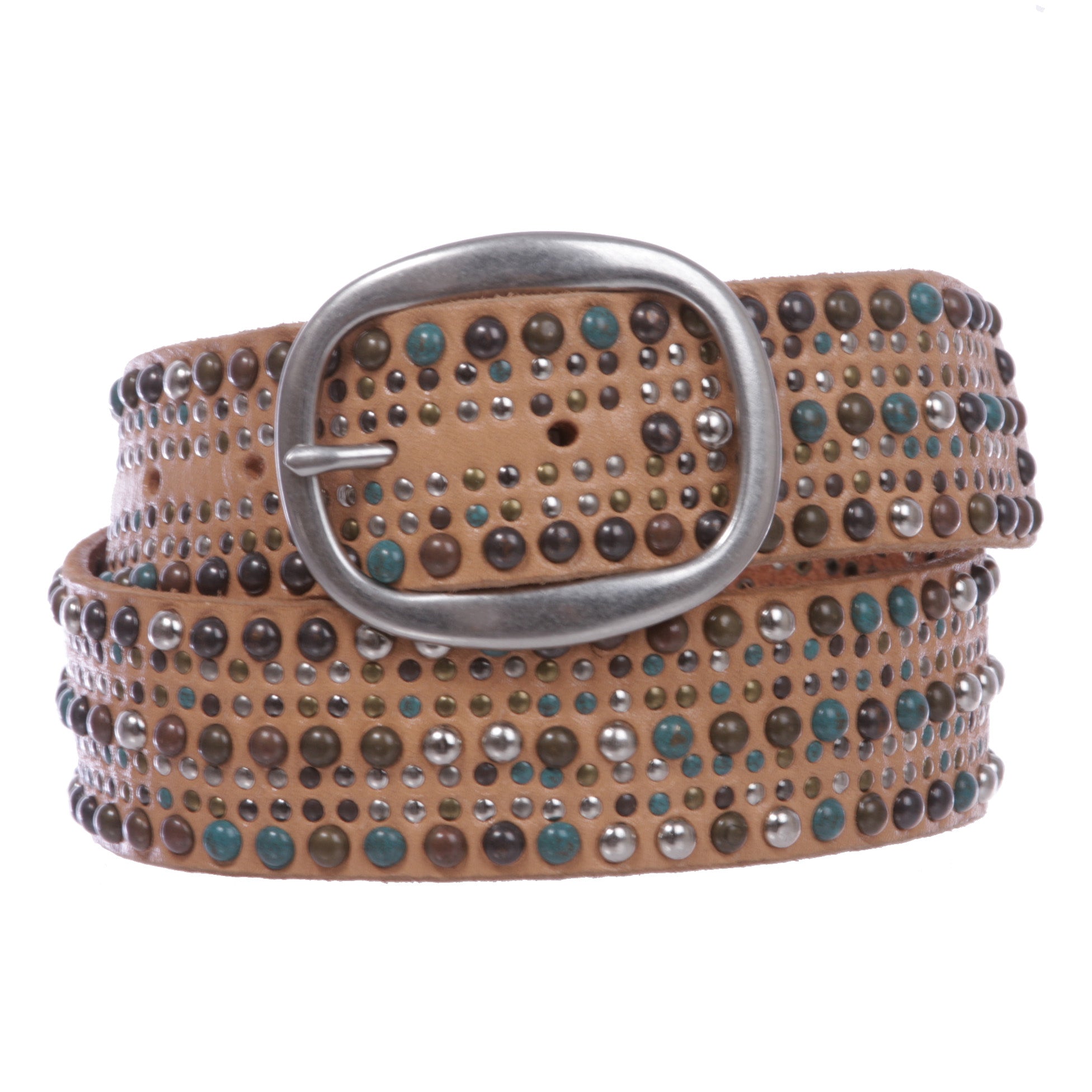 1 1/2" Snap On Tiny Multiple Turquoise Rivet Circle Studded Leather Jean Belt - OnlineBelts