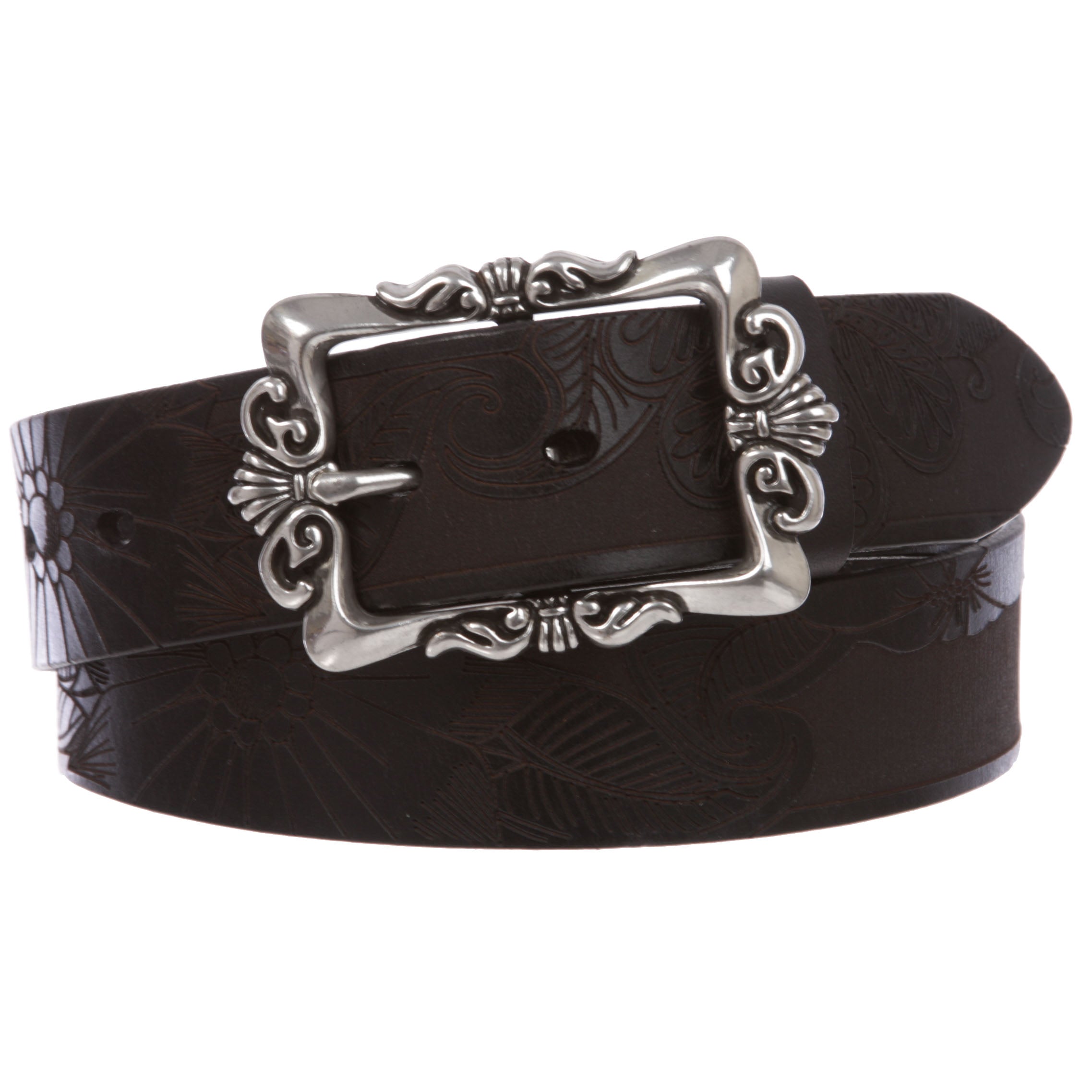 1 1/2" Snap On Soft Hand Floral Engraving Embossed Cowhide Full Grain Leather Belt - OnlineBelts