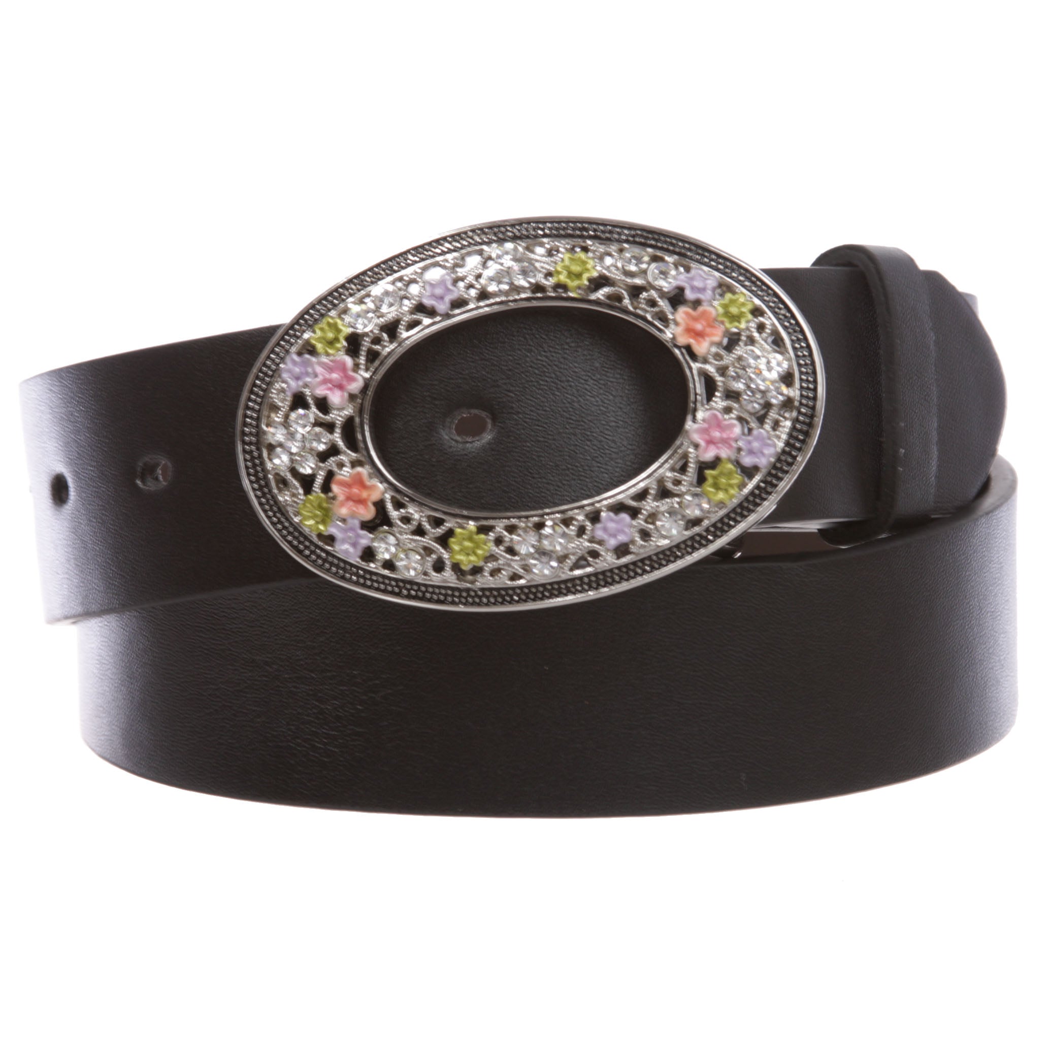 1 1/2" Women's Snap On Oval Rhinestone Western Engraving Hollow Out Perforated Floral Flower Buckle Leather Belt - OnlineBelts