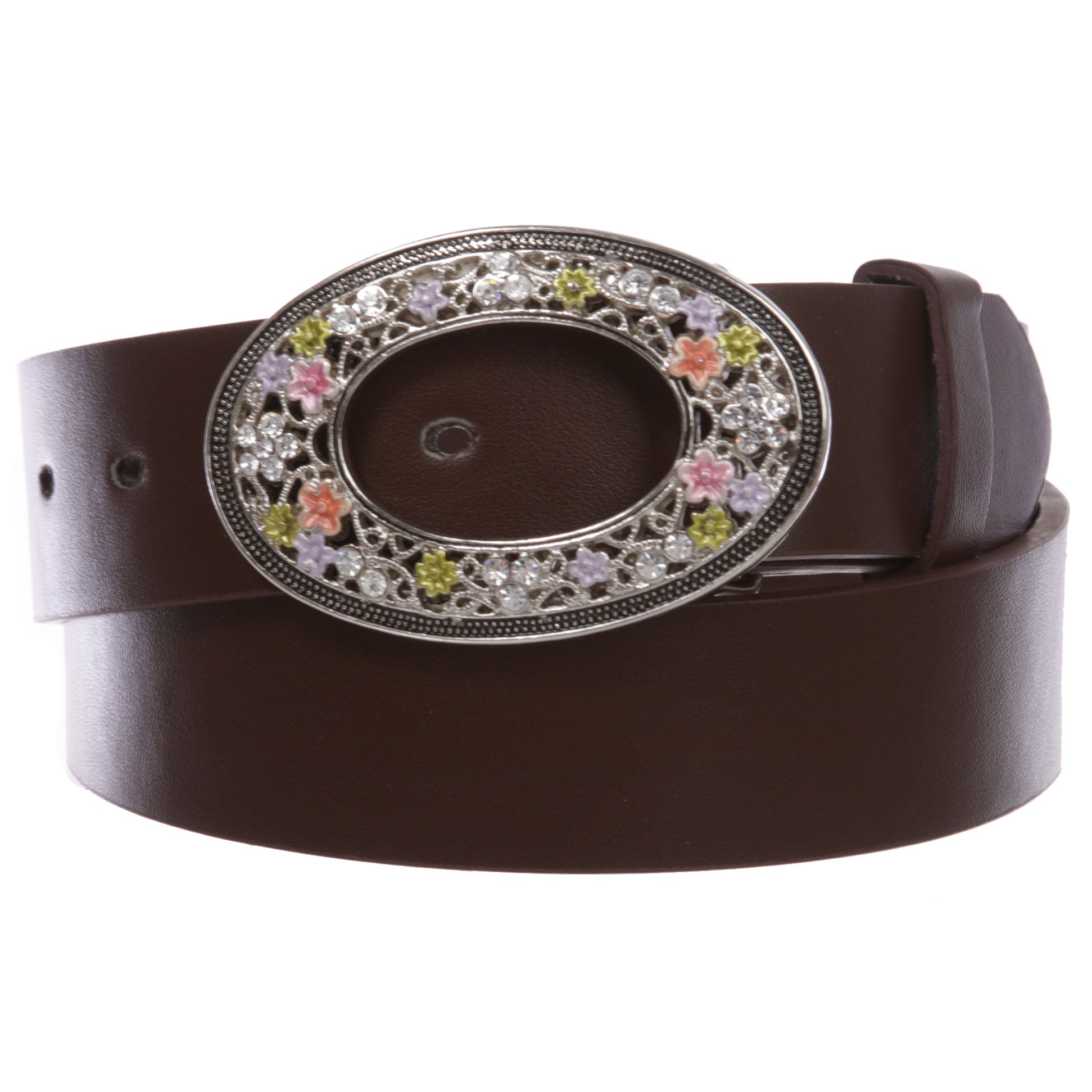 1 1/2" Women's Snap On Oval Rhinestone Western Engraving Hollow Out Perforated Floral Flower Buckle Leather Belt - OnlineBelts