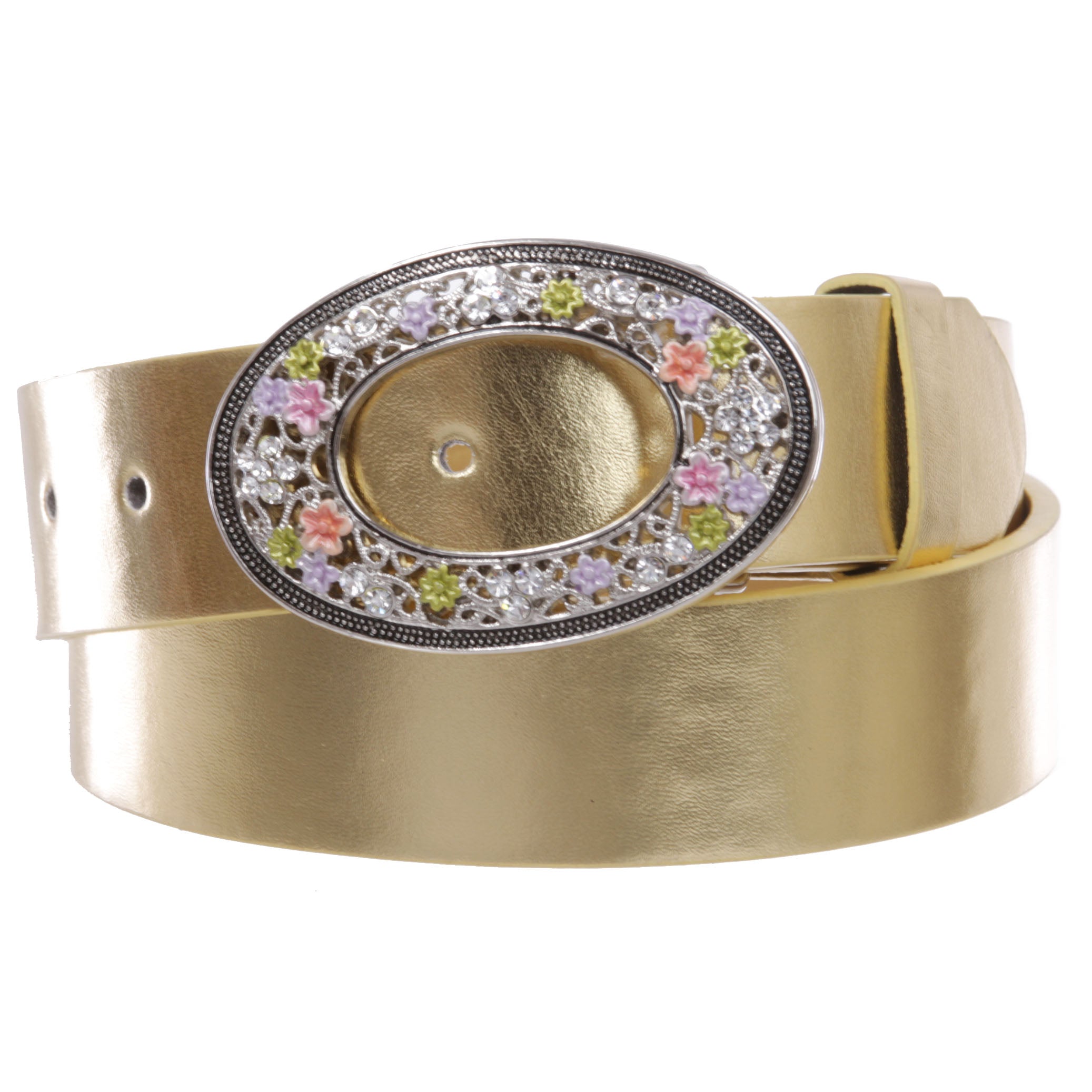 1 1/2" Women's Snap On Oval Rhinestone Western Engraving Hollow Out Perforated Floral Flower Buckle Leather Belt - OnlineBelts