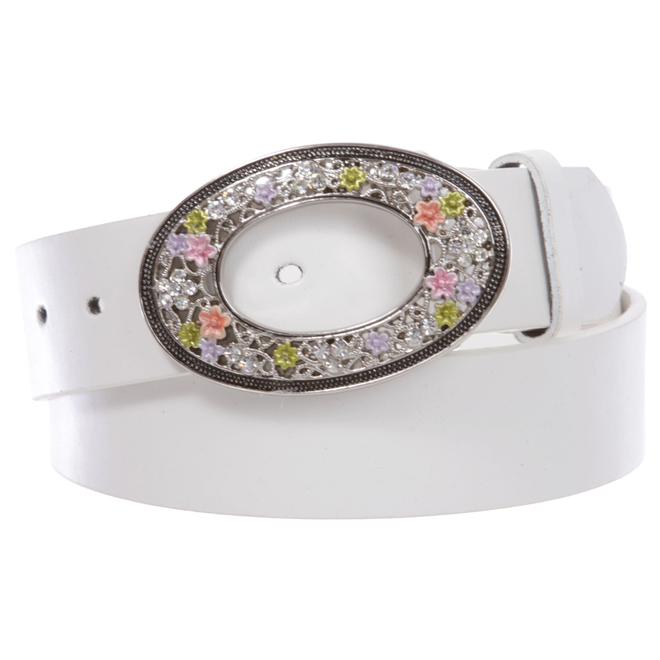 1 1/2" Women's Snap On Oval Rhinestone Western Engraving Hollow Out Perforated Floral Flower Buckle Leather Belt - OnlineBelts
