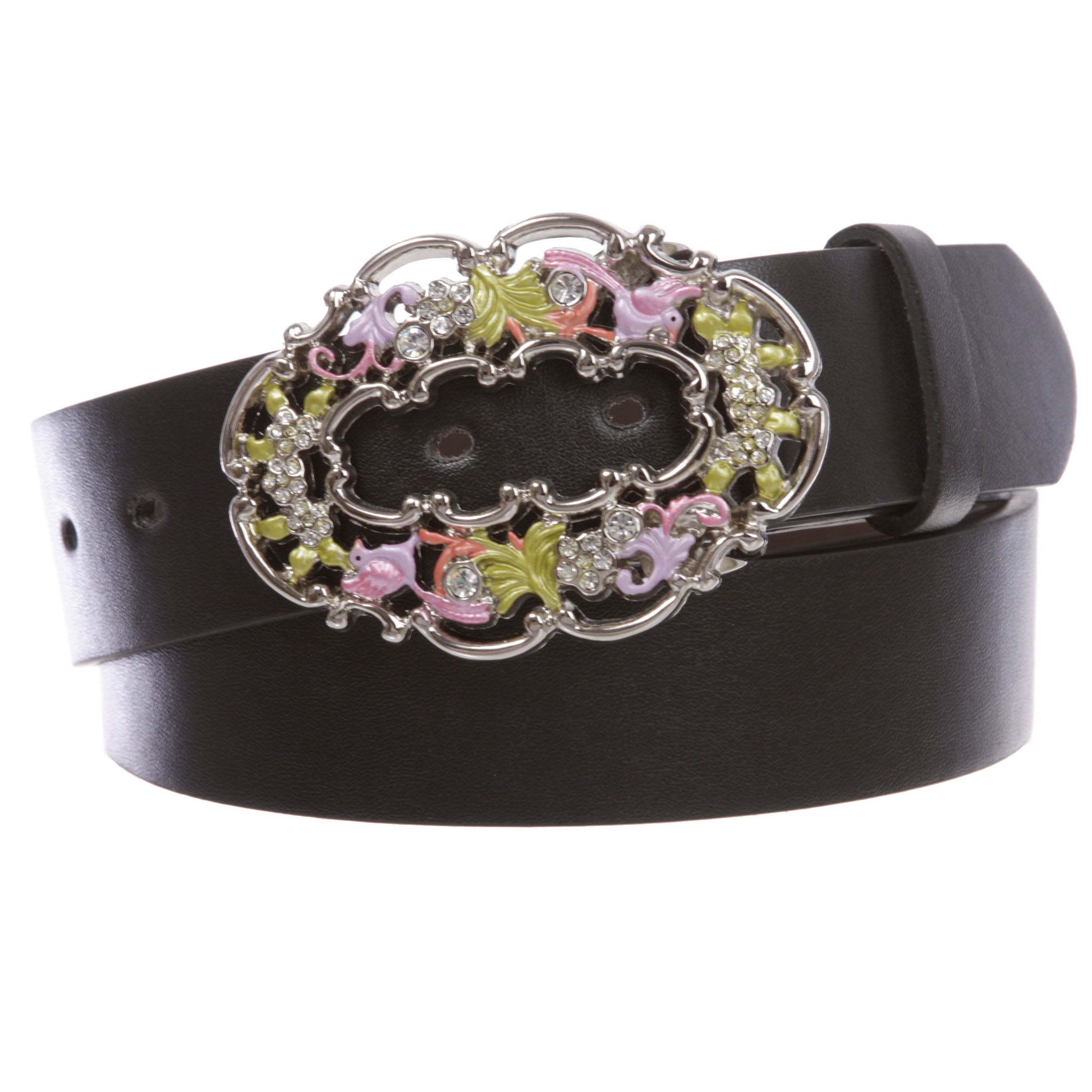 1 1/2" Women's Snap On Rhinestone Western Engraving Hollow Out Perforated Floral Flower Buckle Leather Belt - OnlineBelts