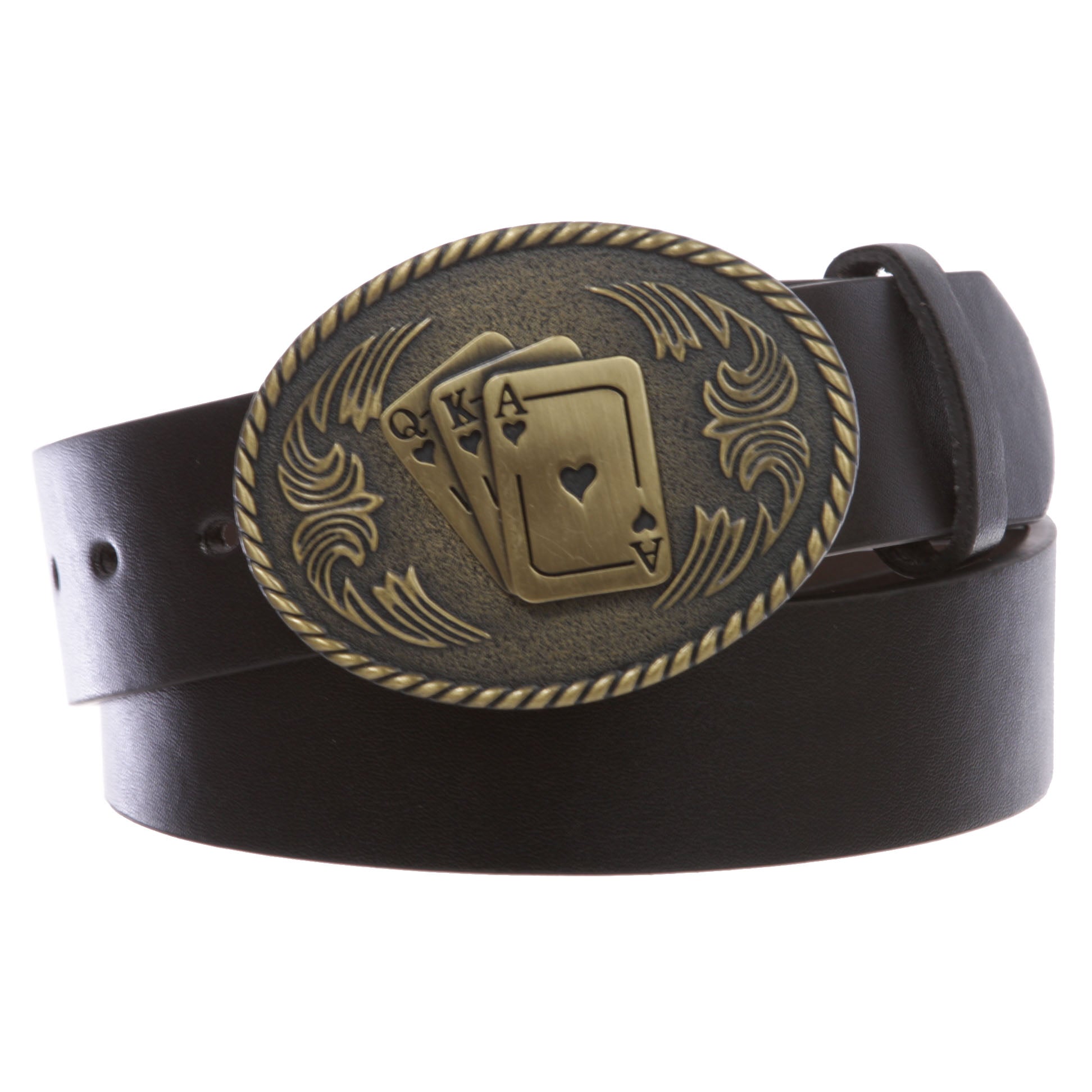 1 1/2" Snap On Oval Playing Card Magic Ace King Queen Western Engraving Buckle With Black Belt - OnlineBelts