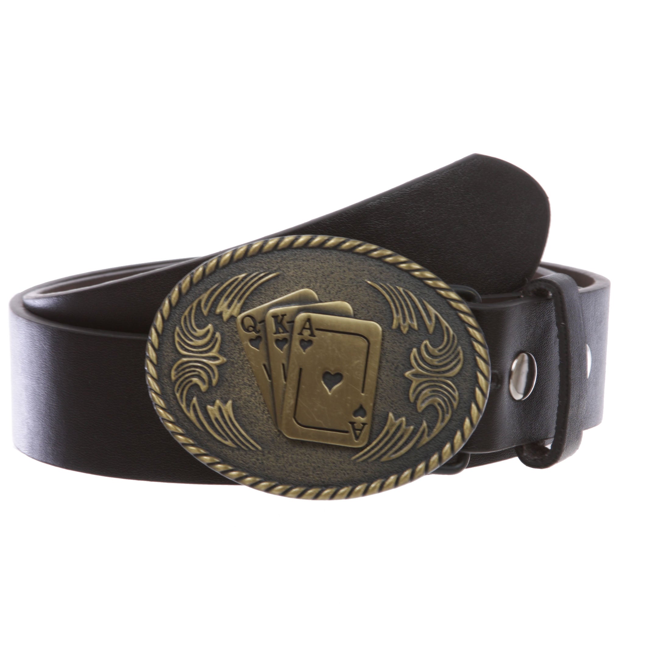 1 1/2" Snap On Oval Playing Card Magic Ace King Queen Western Engraving Buckle With Black Belt - OnlineBelts