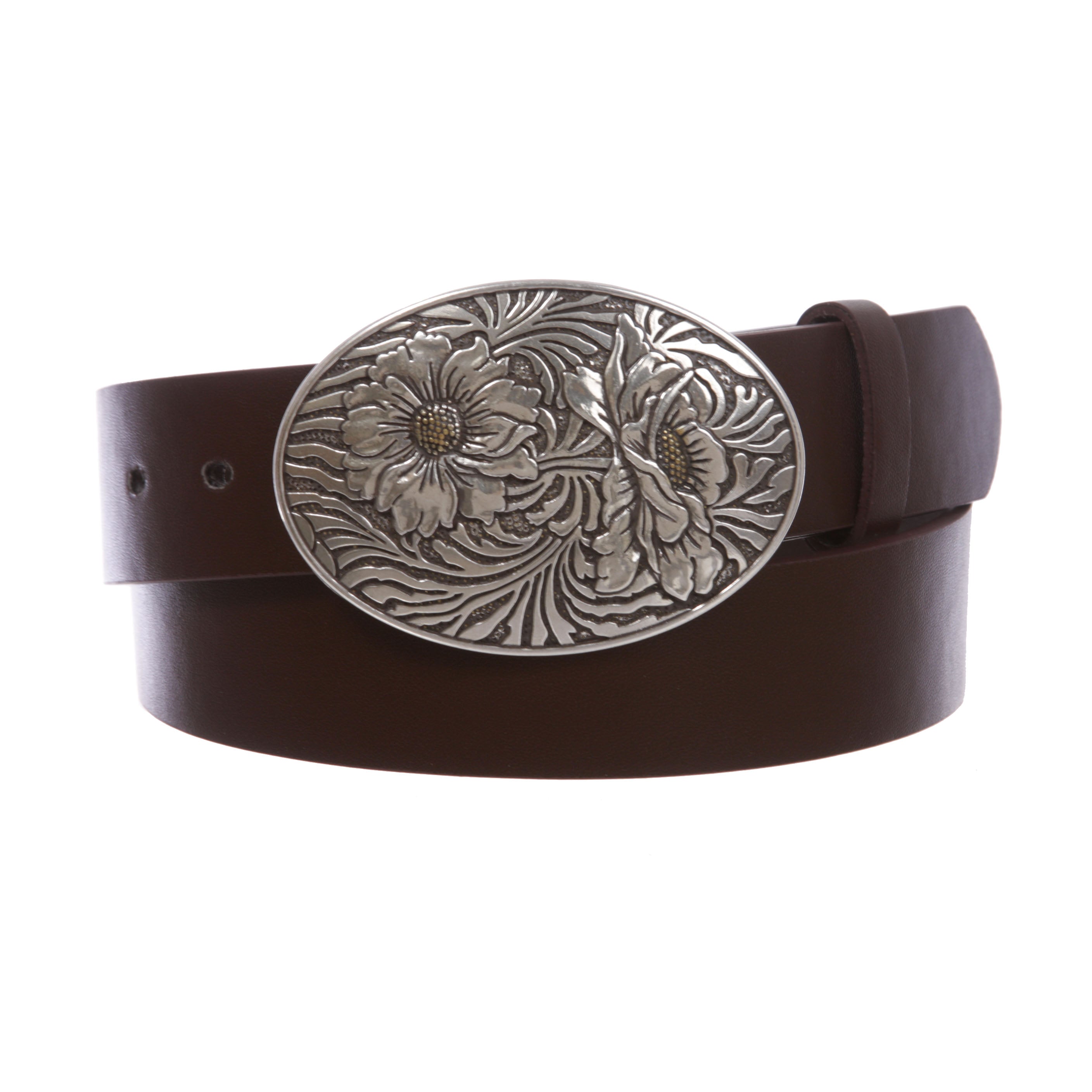 1 1/2" Snap On Oval Sunflower Engraving Buckle With Leather Belt - OnlineBelts