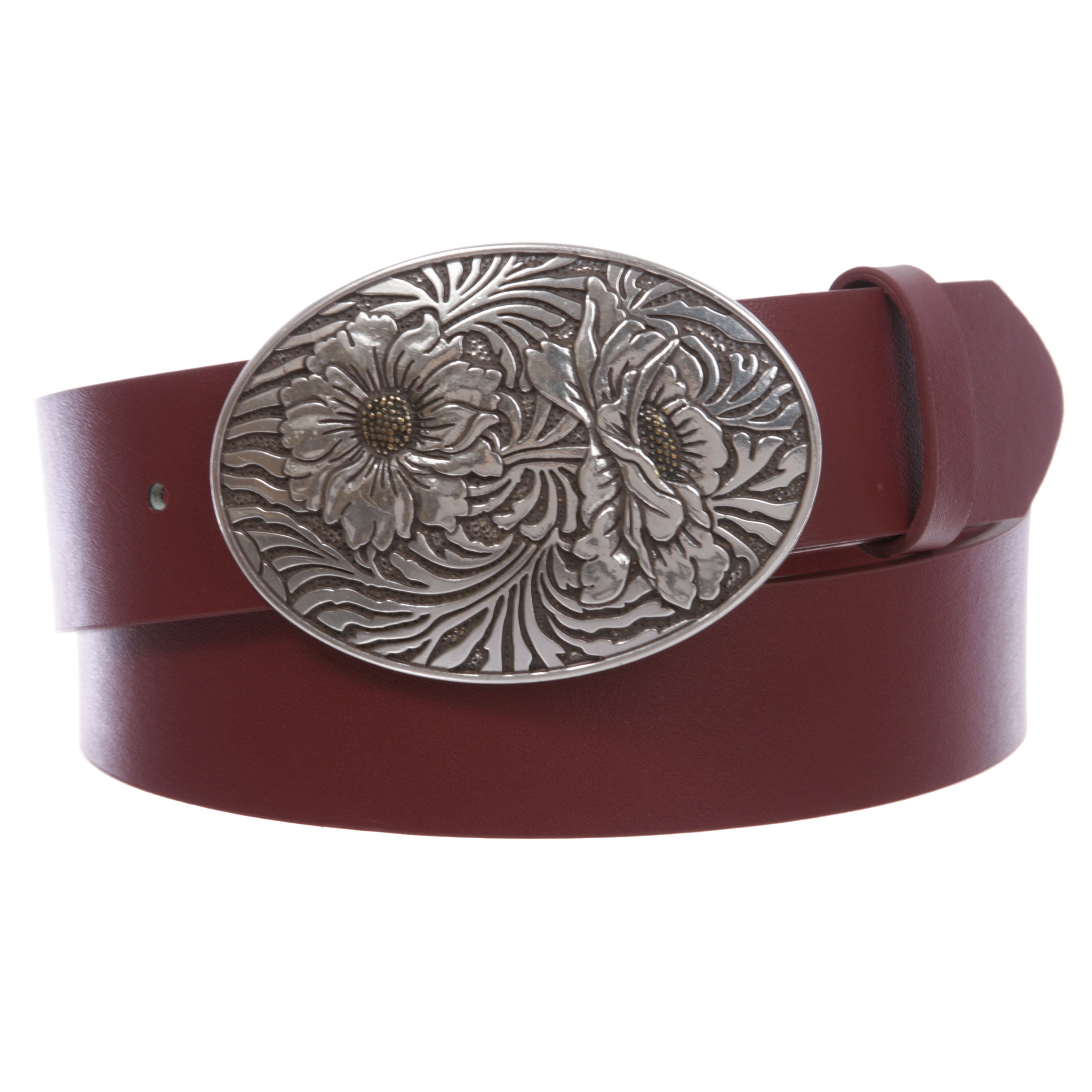 1 1/2" Snap On Oval Sunflower Engraving Buckle With Leather Belt - OnlineBelts