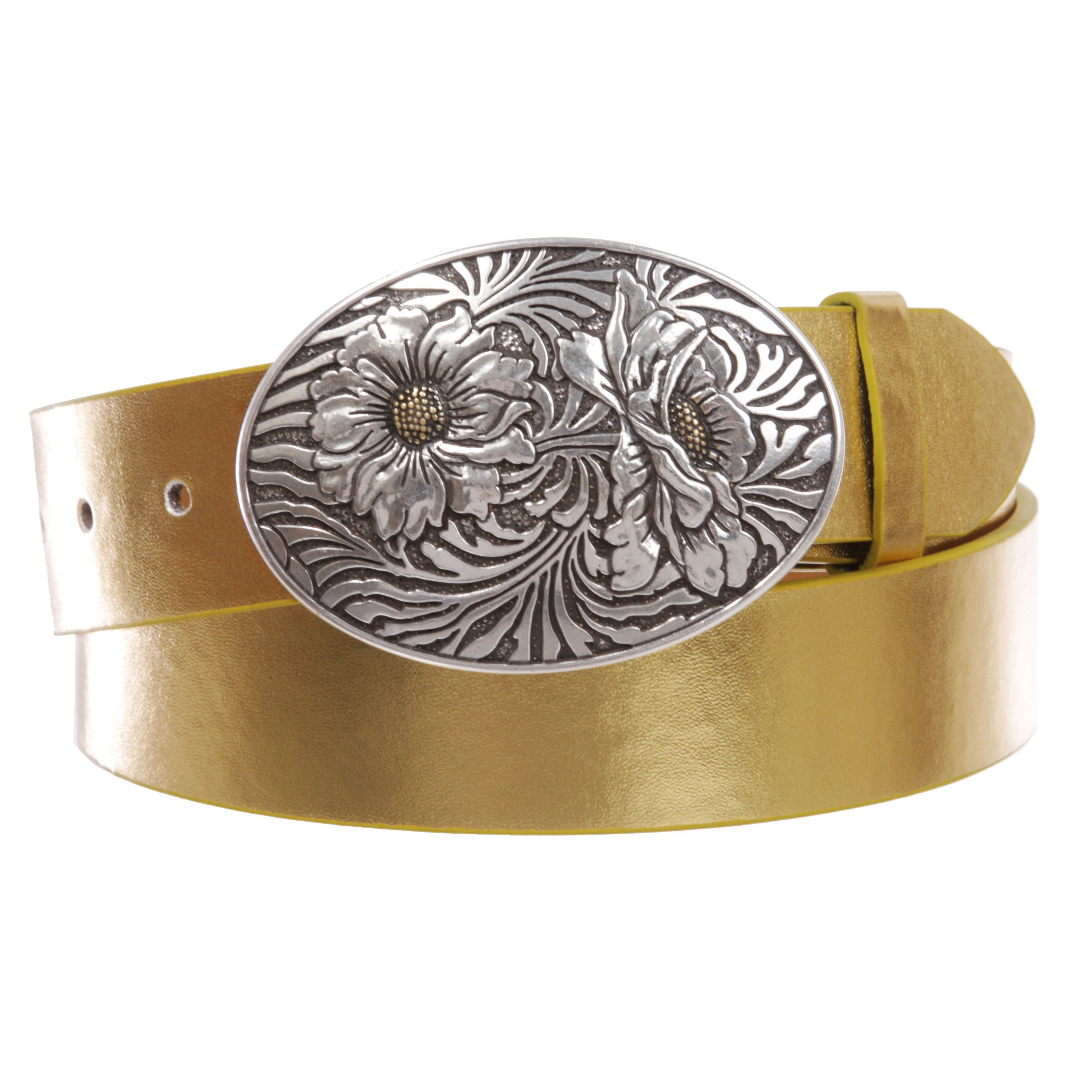 1 1/2" Snap On Oval Sunflower Engraving Buckle With Leather Belt - OnlineBelts