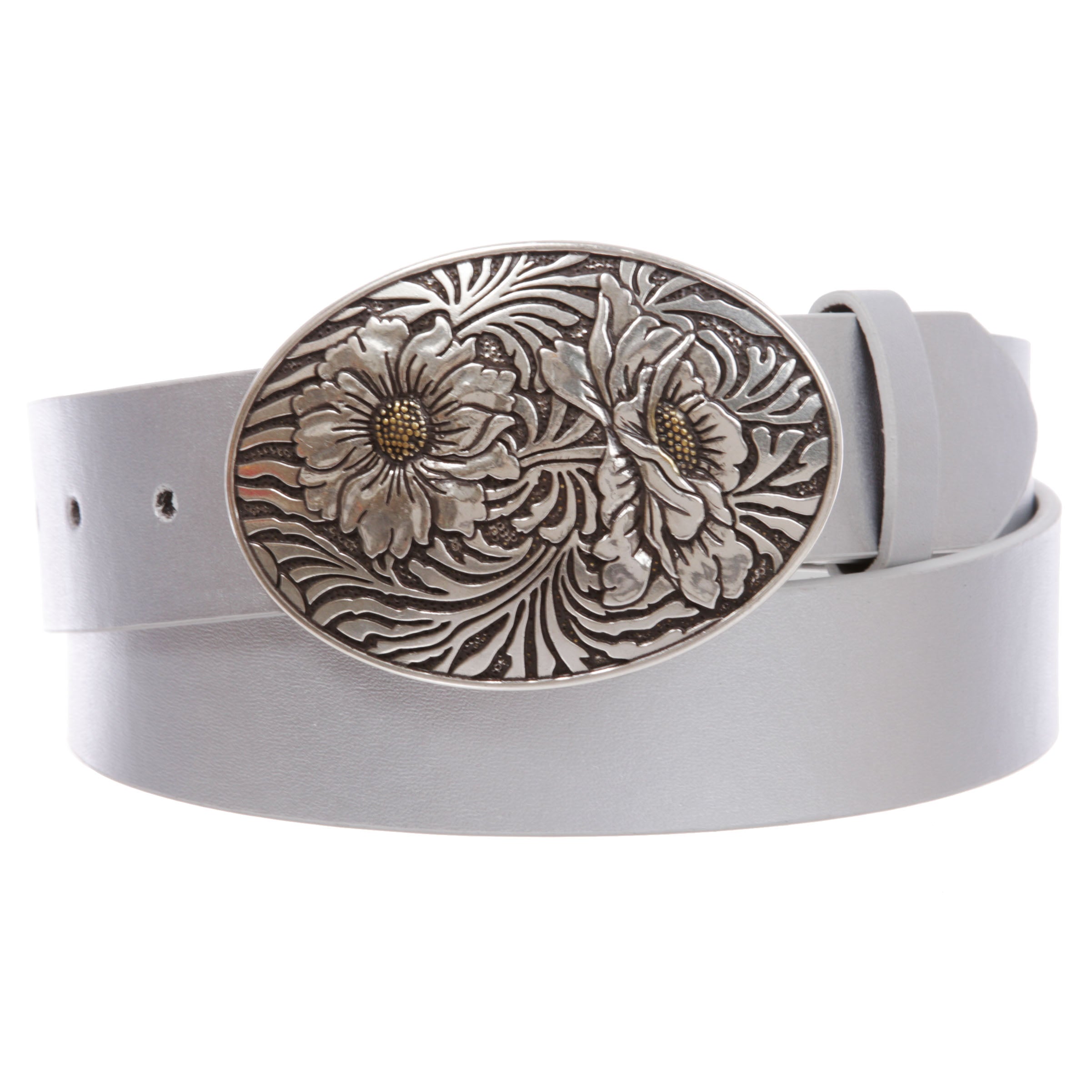 1 1/2" Snap On Oval Sunflower Engraving Buckle With Leather Belt - OnlineBelts