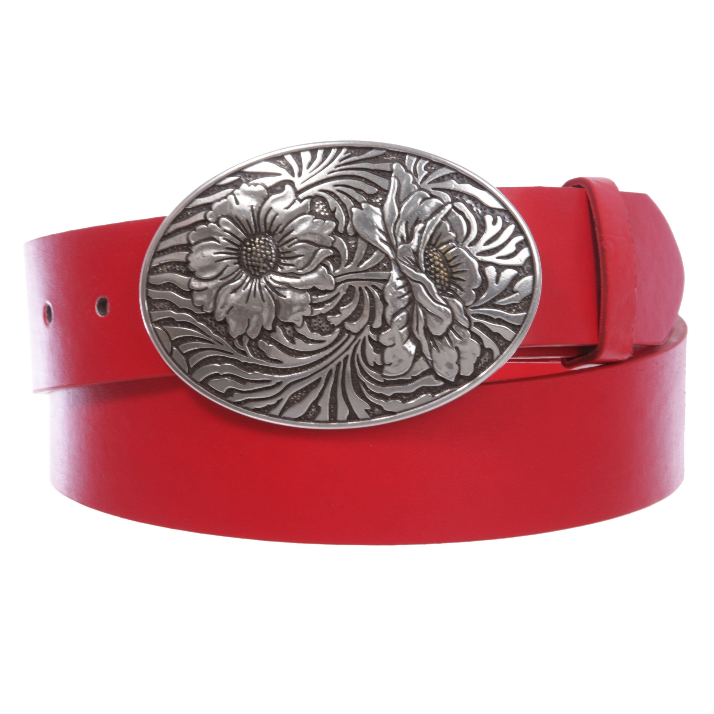 1 1/2" Snap On Oval Sunflower Engraving Buckle With Leather Belt - OnlineBelts