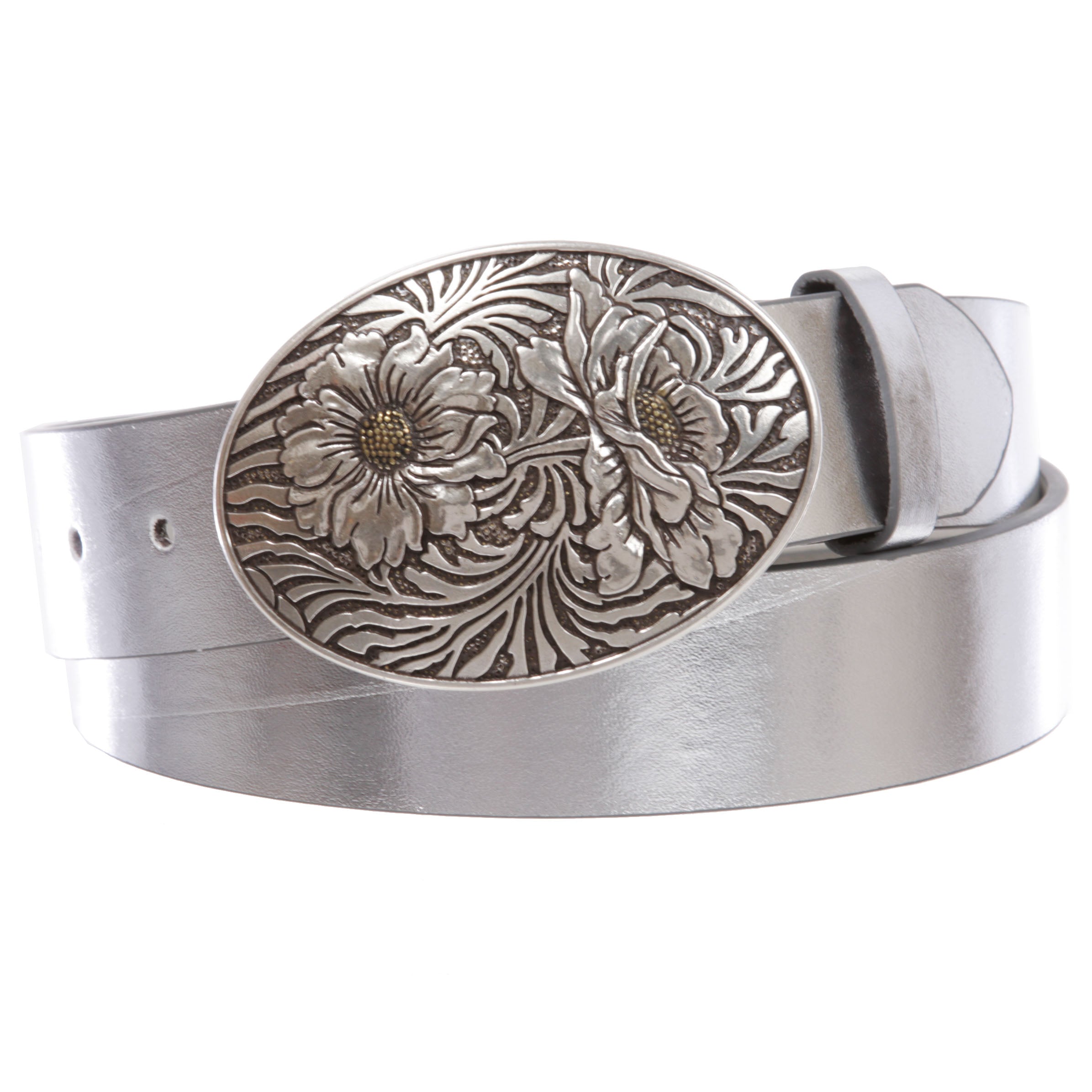 1 1/2" Snap On Oval Sunflower Engraving Buckle With Leather Belt - OnlineBelts
