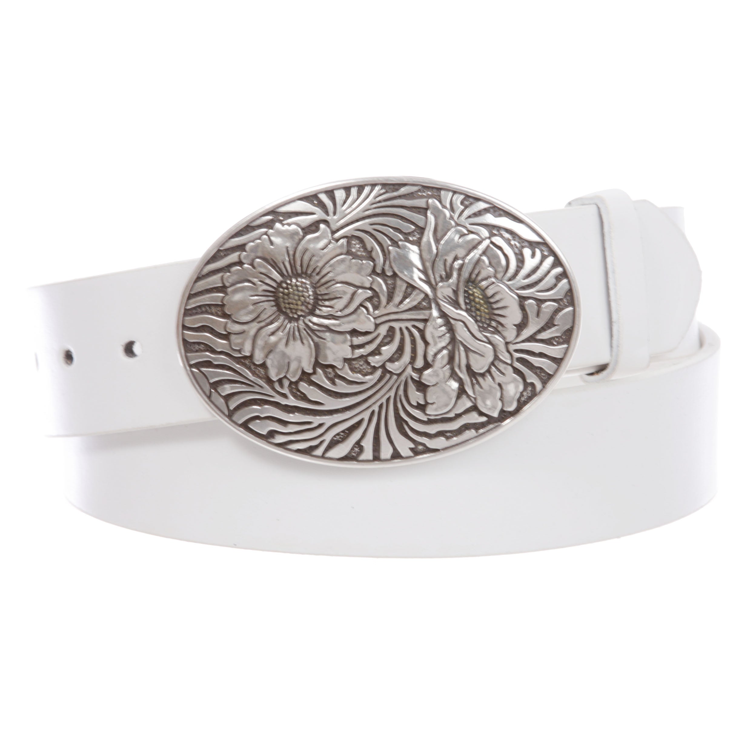 1 1/2" Snap On Oval Sunflower Engraving Buckle With Leather Belt - OnlineBelts