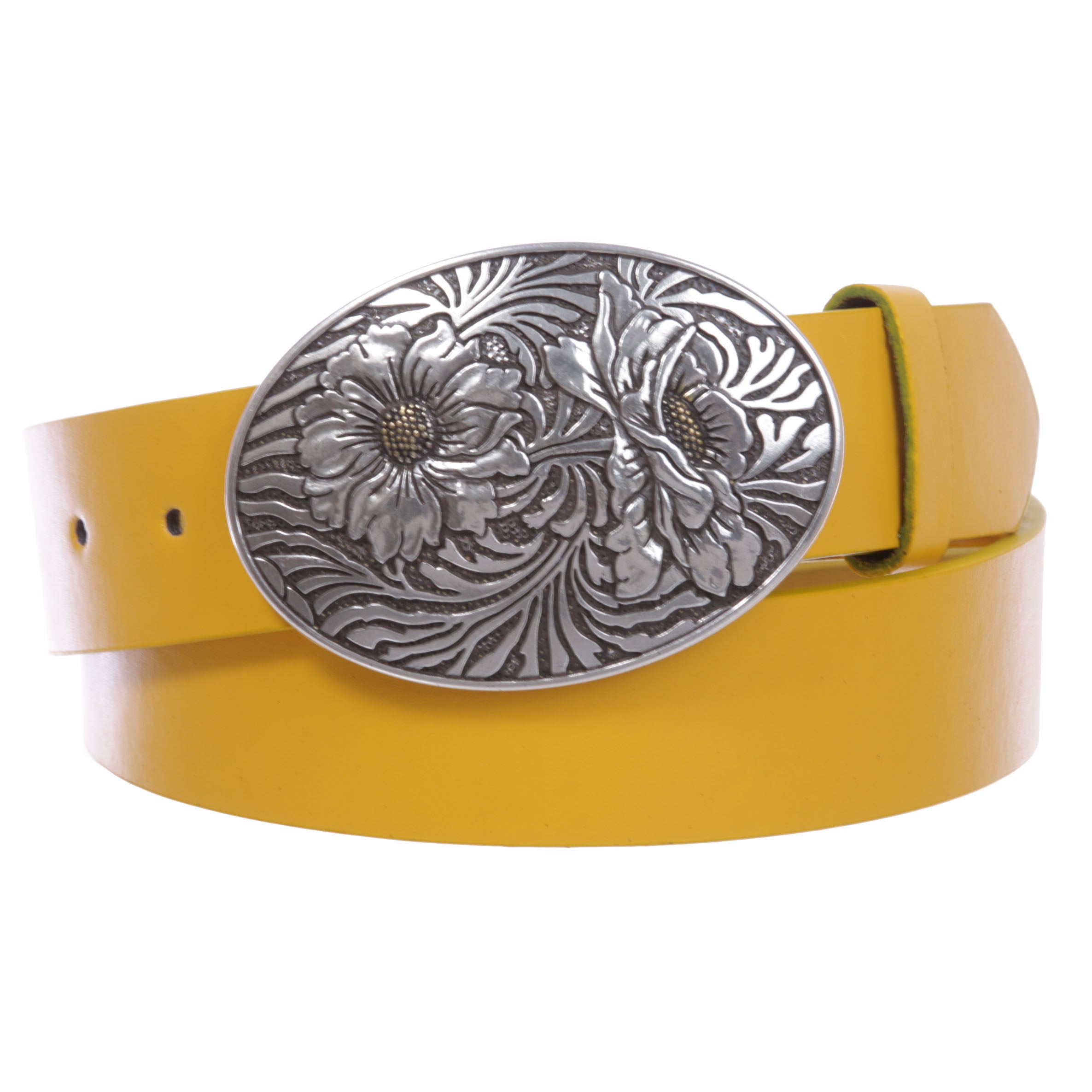 1 1/2" Snap On Oval Sunflower Engraving Buckle With Leather Belt - OnlineBelts