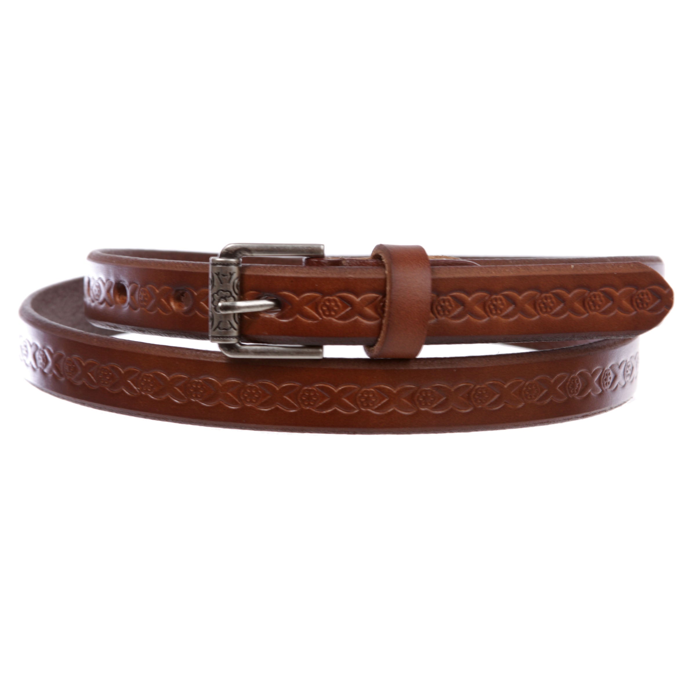 Women's 3/4" (17 mm) Full Grain Leather Embossed Skinny Beveled-Edge Belt - OnlineBelts