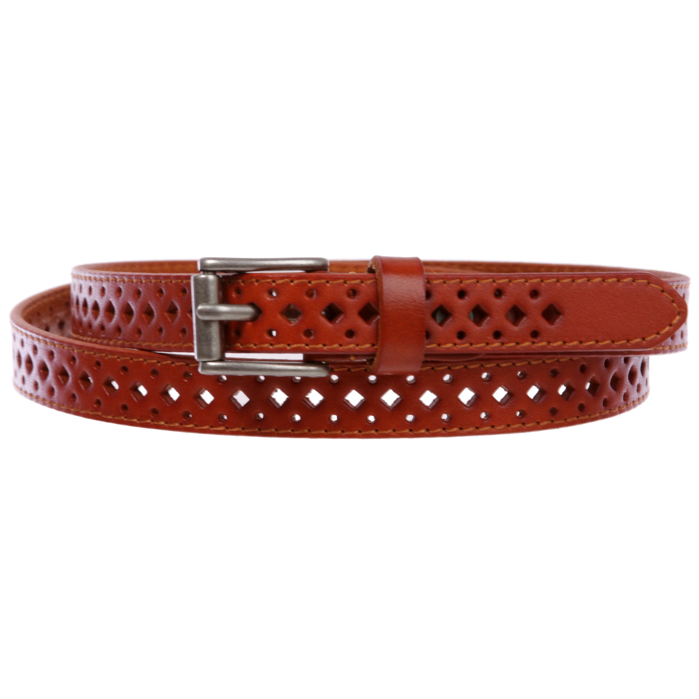 Women's 3/4" (17 mm) Full Grain Leather Perforated Skinny Stitched-Edge Belt - OnlineBelts
