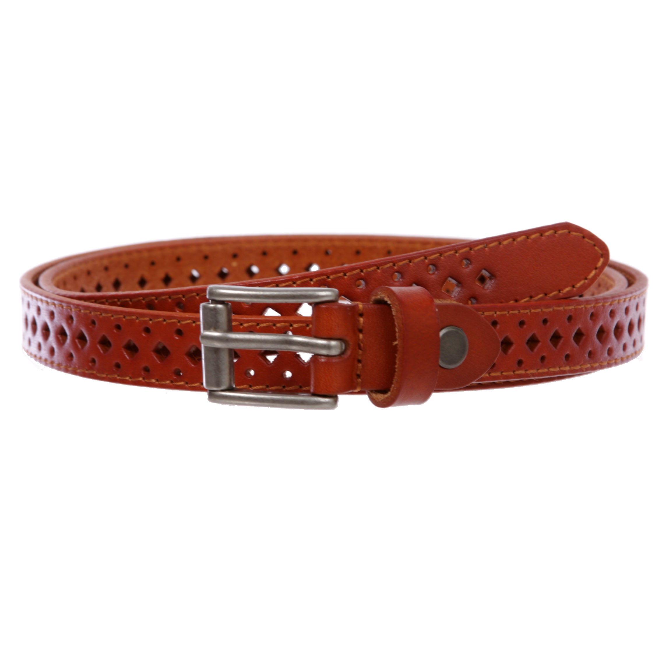 Women's 3/4" (17 mm) Full Grain Leather Perforated Skinny Stitched-Edge Belt - OnlineBelts