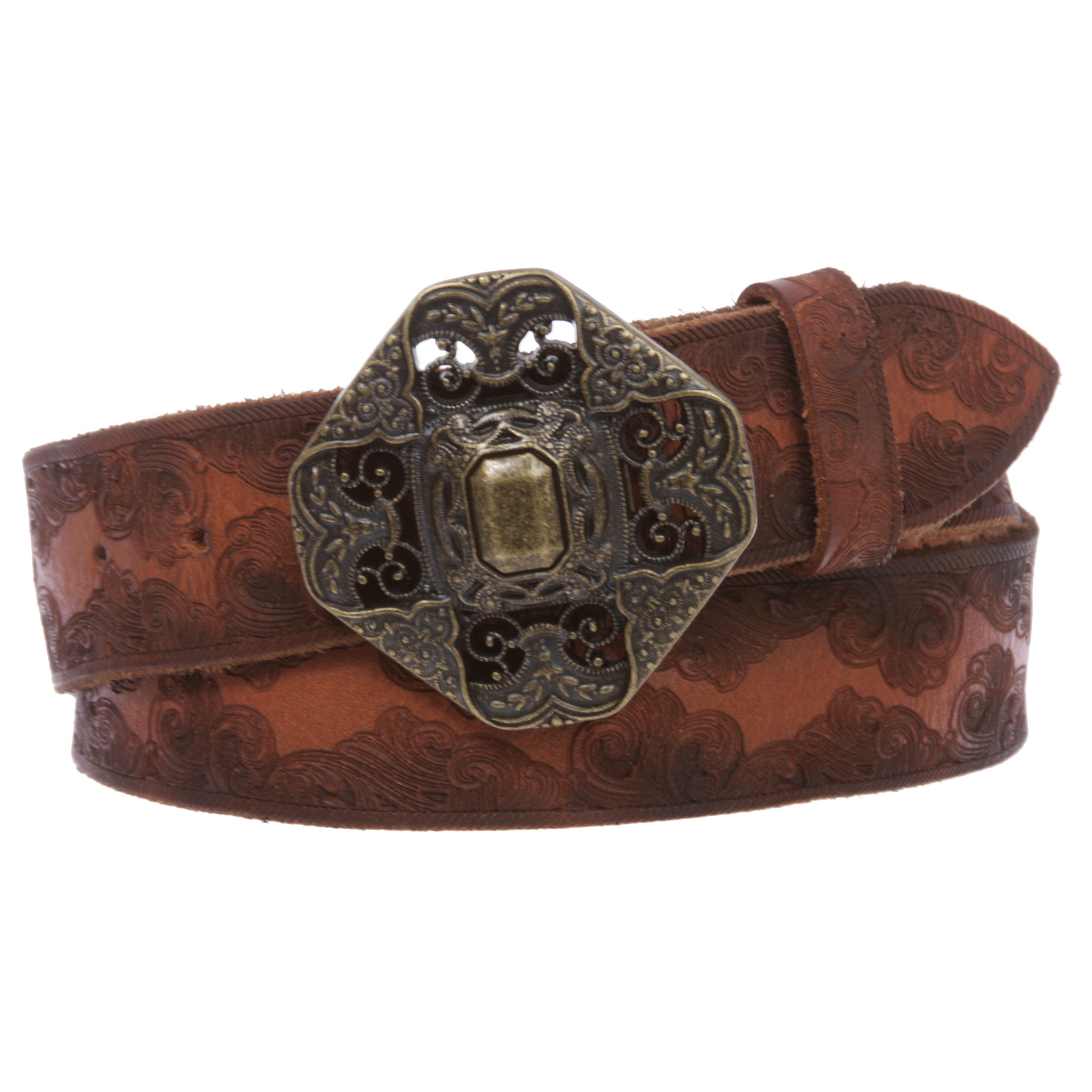 Western Embossed Vintage Cowhide Solid Leather Perforated Brass Casual Belt - OnlineBelts