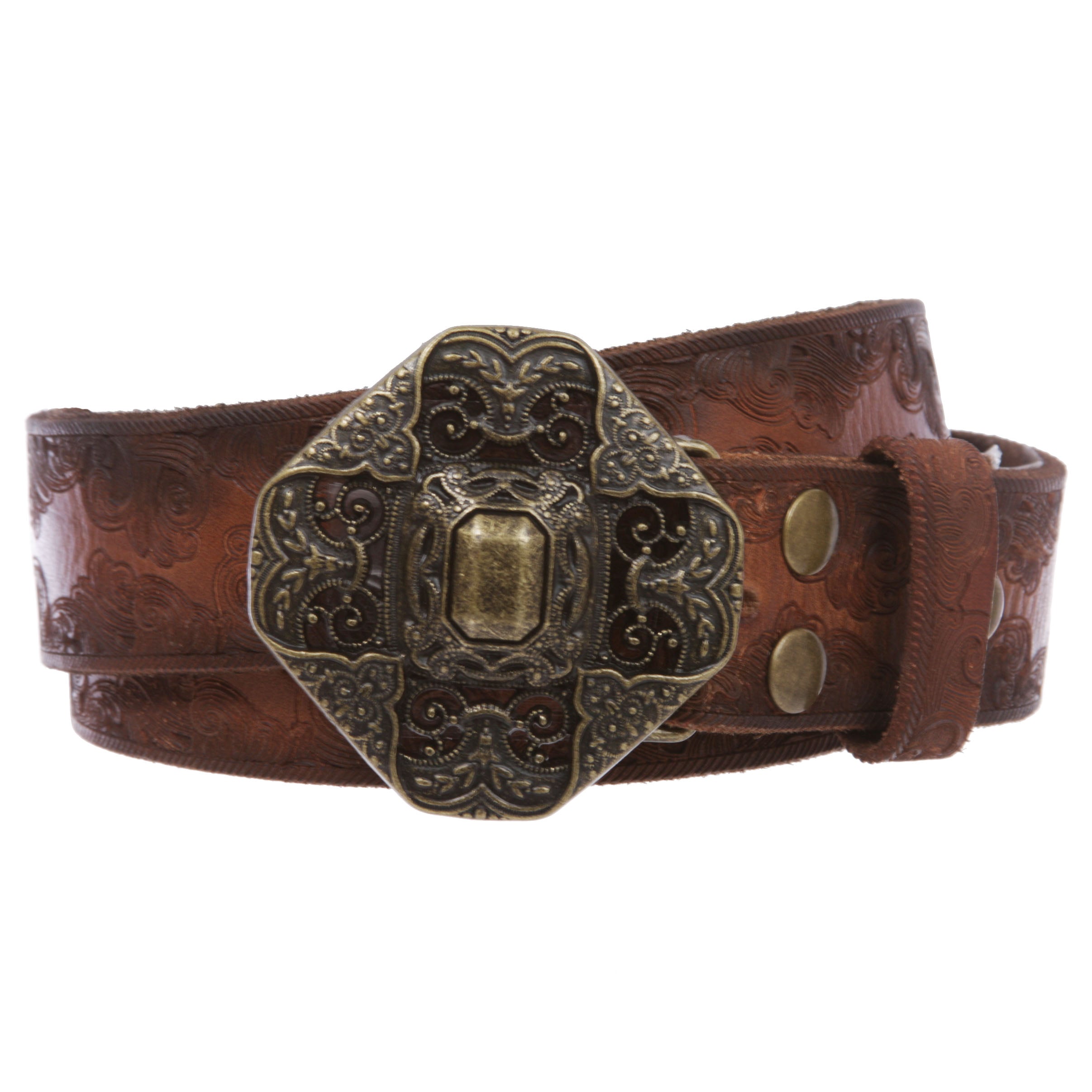 Western Embossed Vintage Cowhide Solid Leather Perforated Brass Casual Belt - OnlineBelts