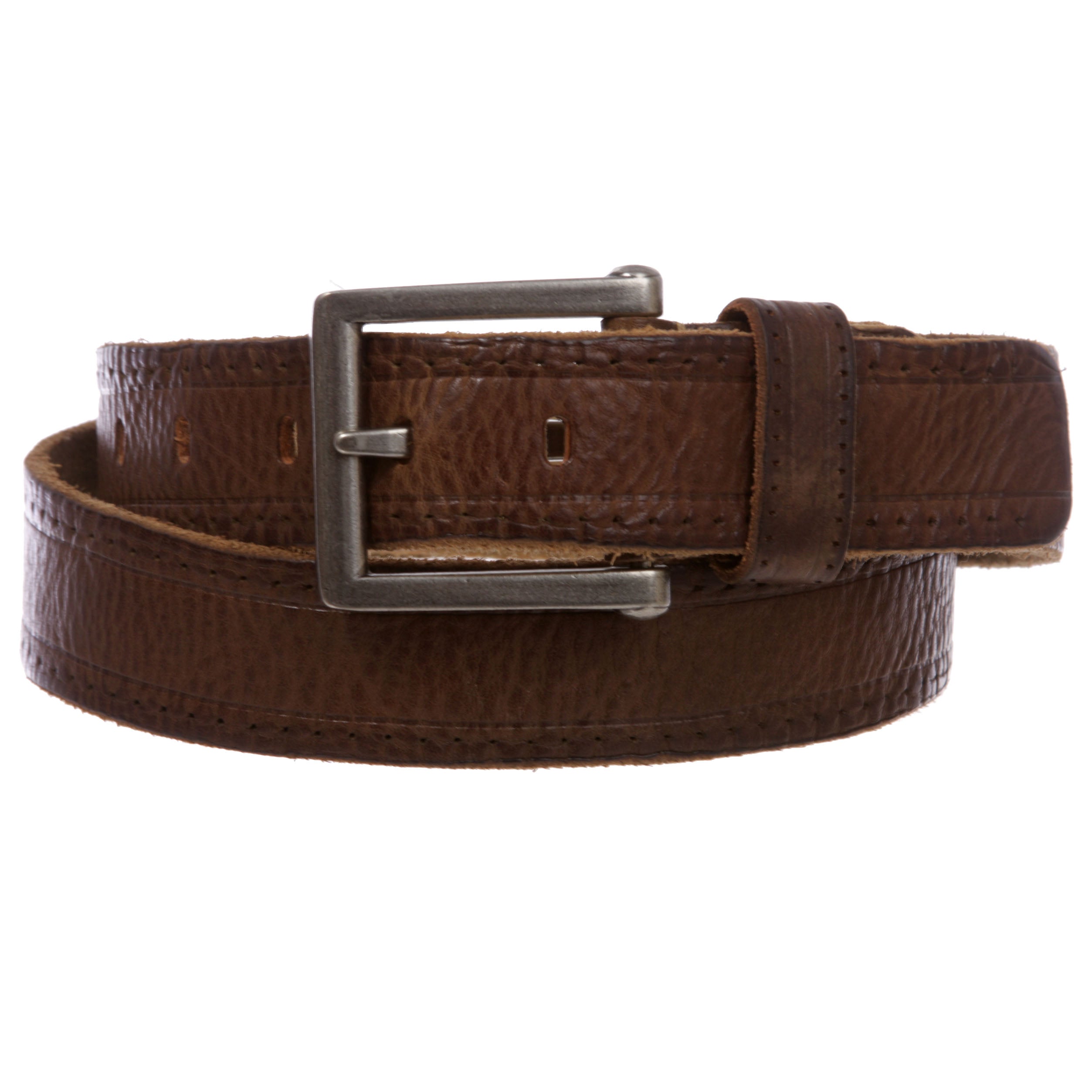 Men's Embossed Stitch-Hole Edged Vintage Cowhide Thick Leather Casual Jean Belt - OnlineBelts