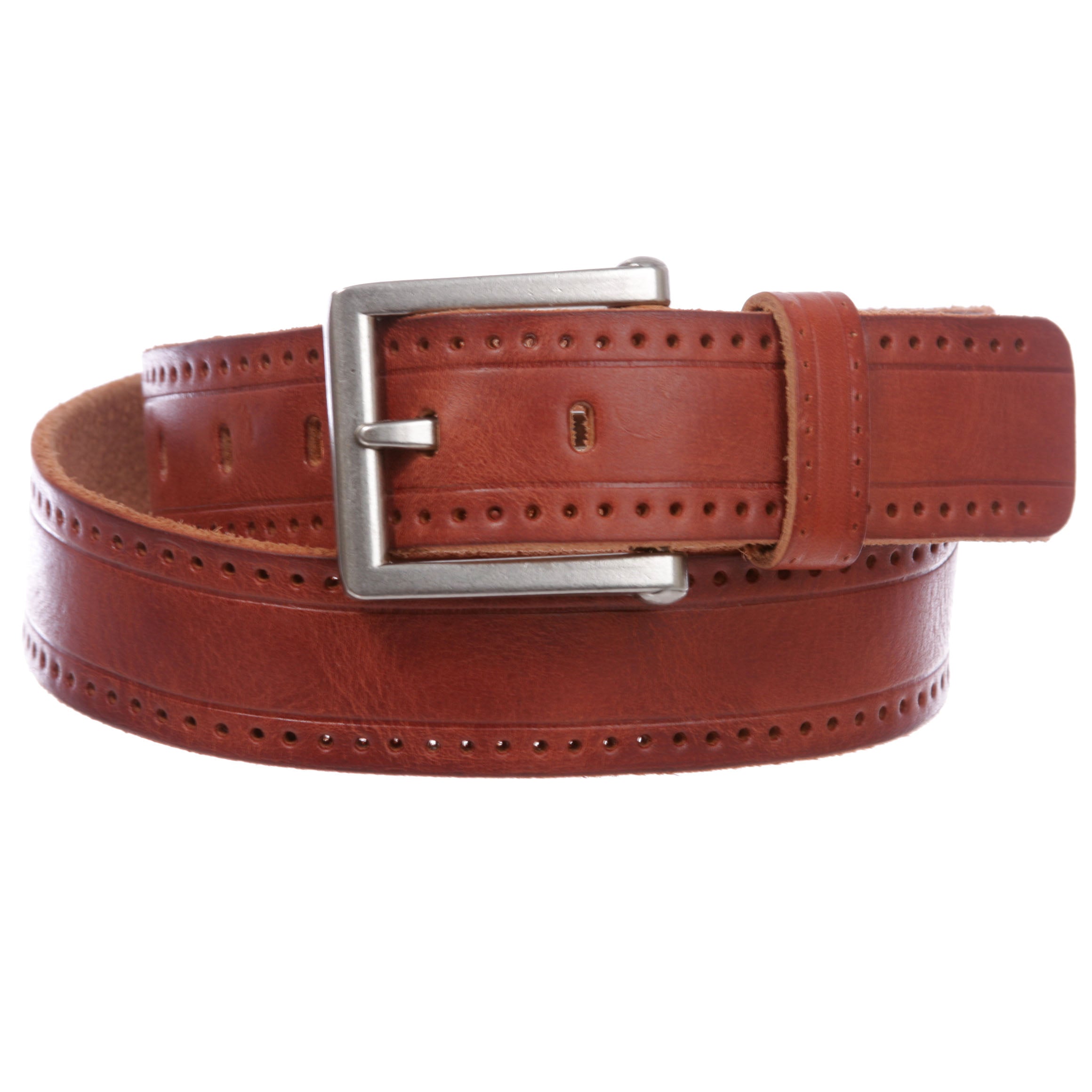 Men's Embossed Stitch-Hole Edged Vintage Cowhide Thick Leather Casual Jean Belt - OnlineBelts