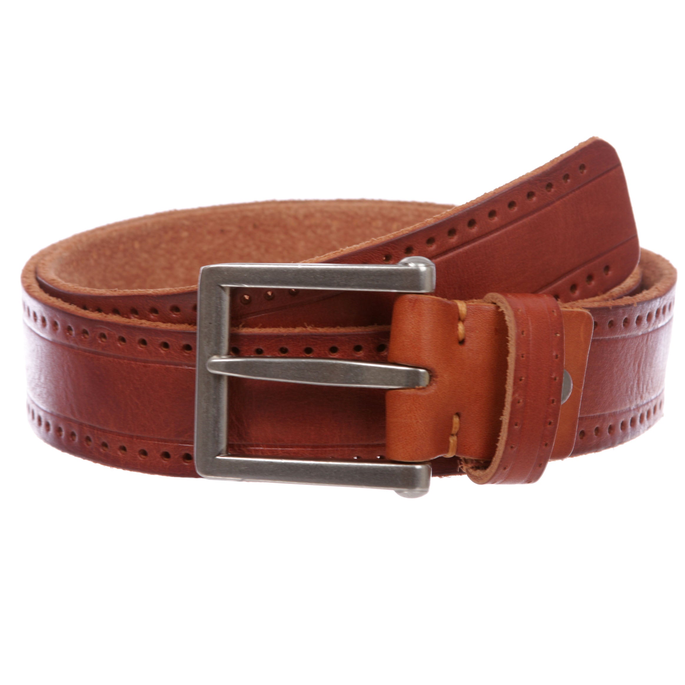 Men's Embossed Stitch-Hole Edged Vintage Cowhide Thick Leather Casual Jean Belt - OnlineBelts