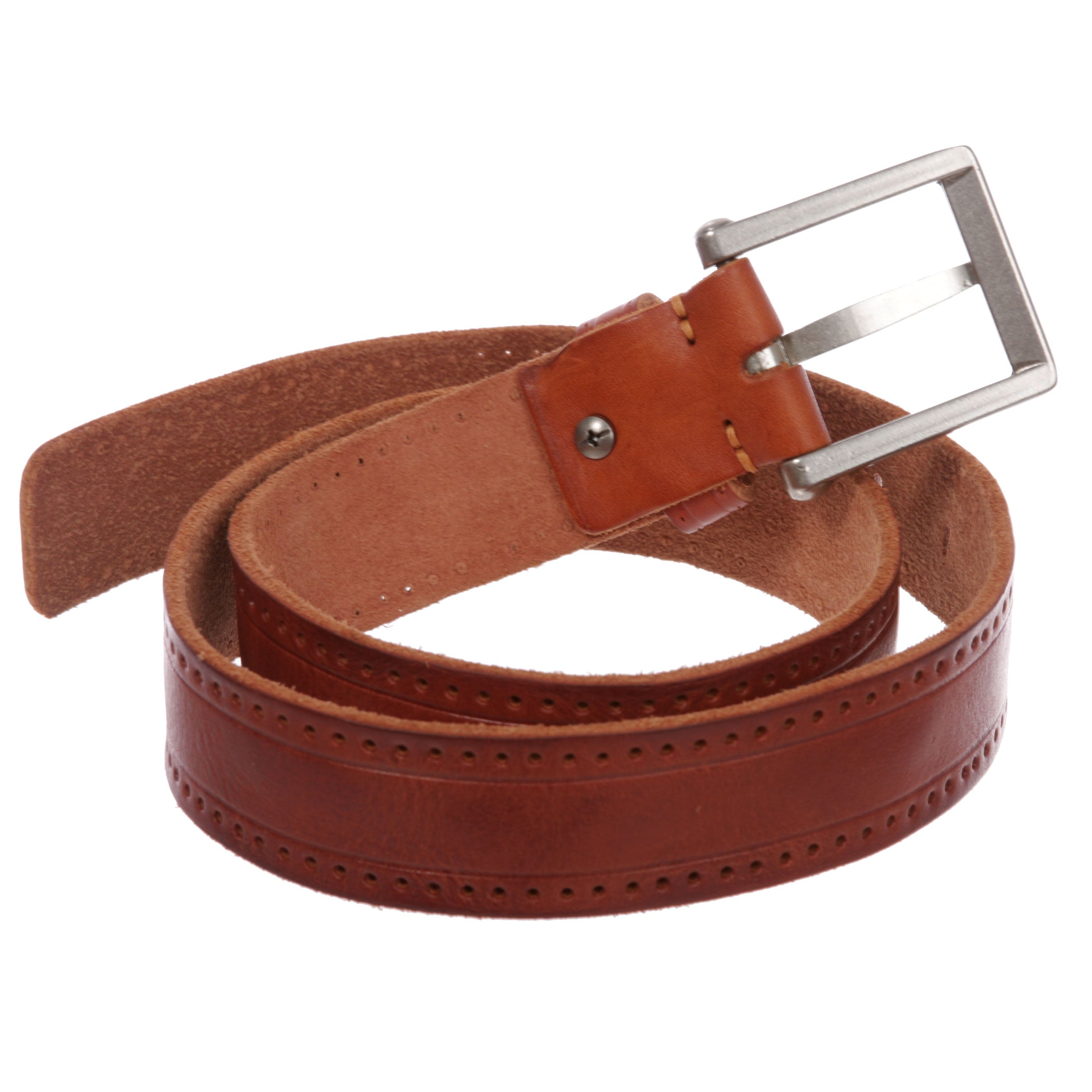 Men's Embossed Stitch-Hole Edged Vintage Cowhide Thick Leather Casual Jean Belt - OnlineBelts