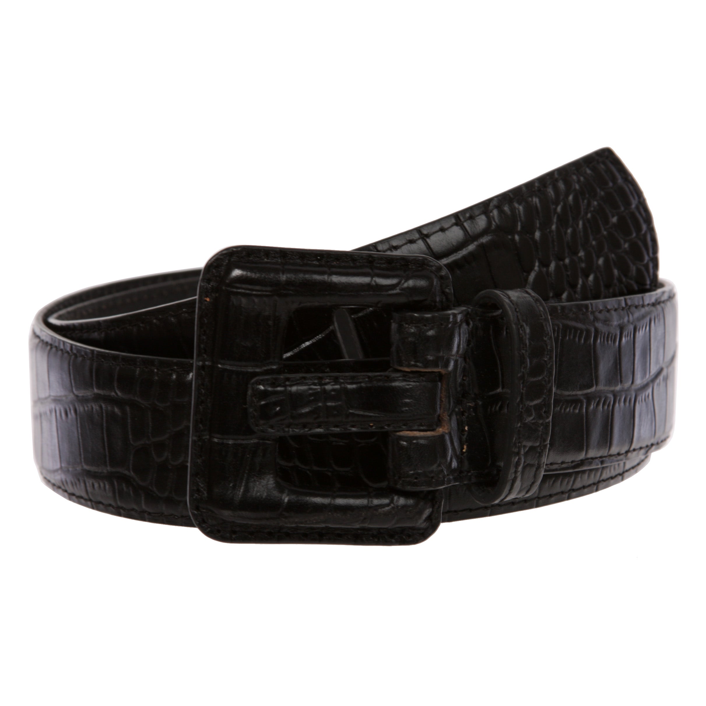 OnlineBelts Women Faux Embossed Alligator Full Grain Leather Square Belt - OnlineBelts