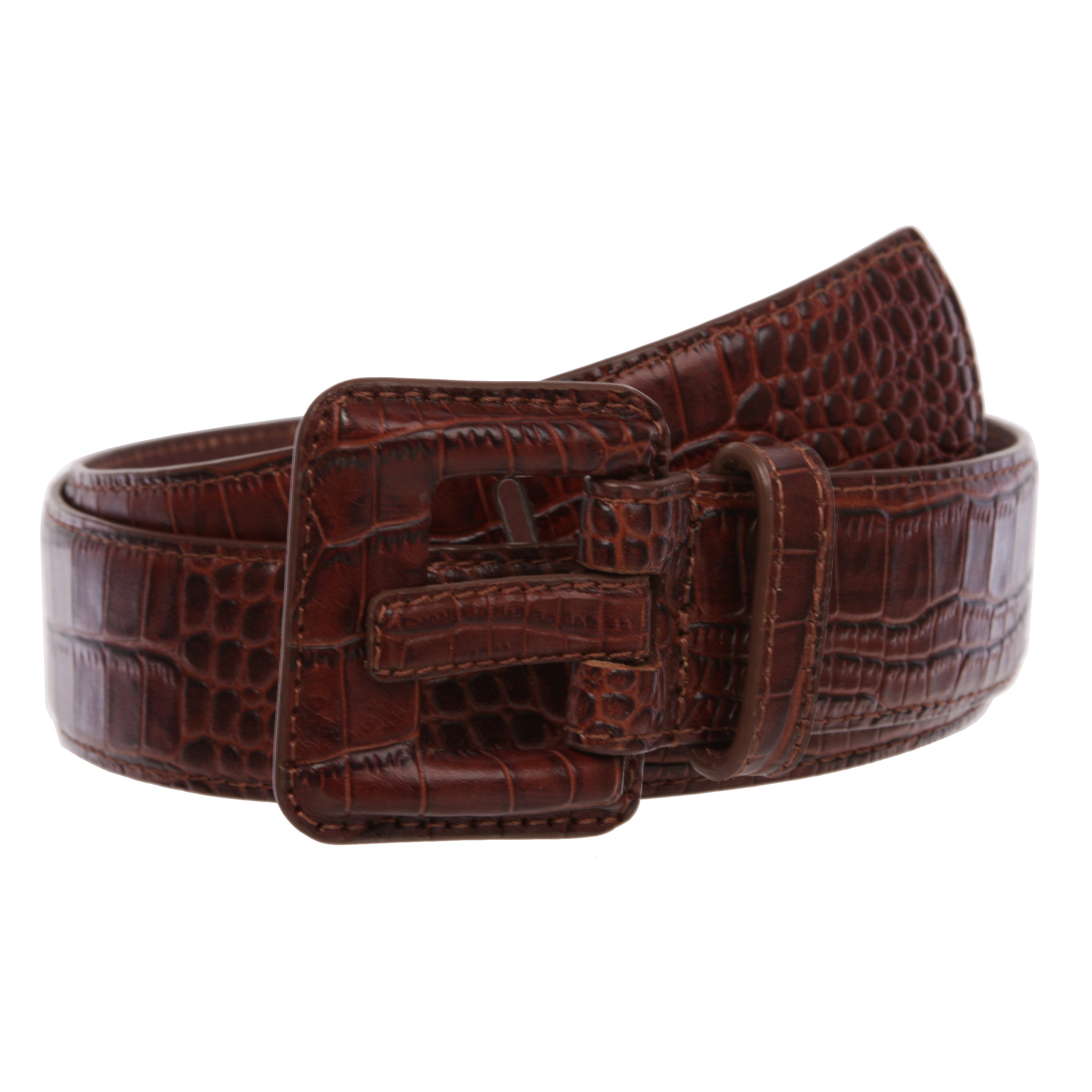 OnlineBelts Women Faux Embossed Alligator Full Grain Leather Square Belt - OnlineBelts