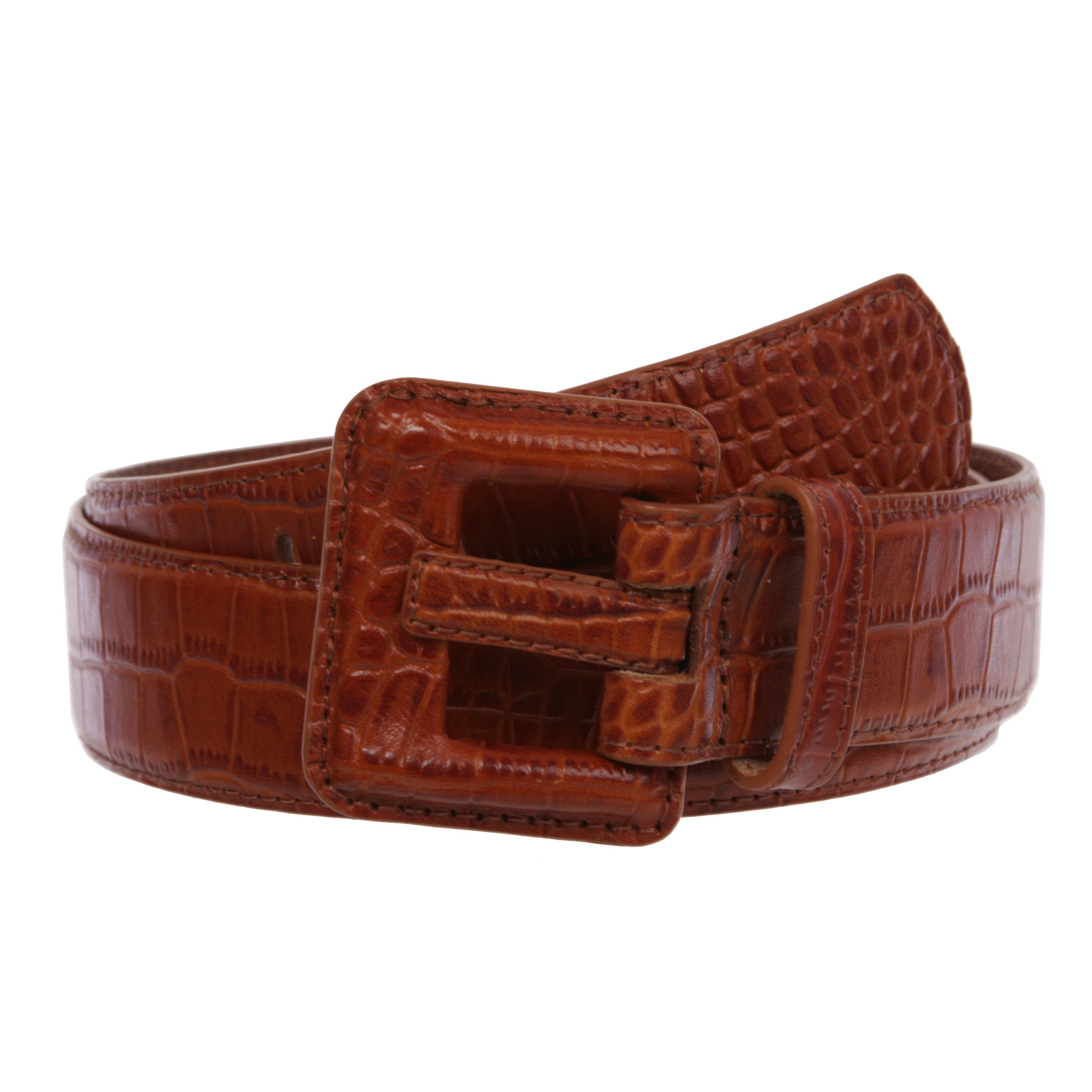 OnlineBelts Women Faux Embossed Alligator Full Grain Leather Square Belt - OnlineBelts
