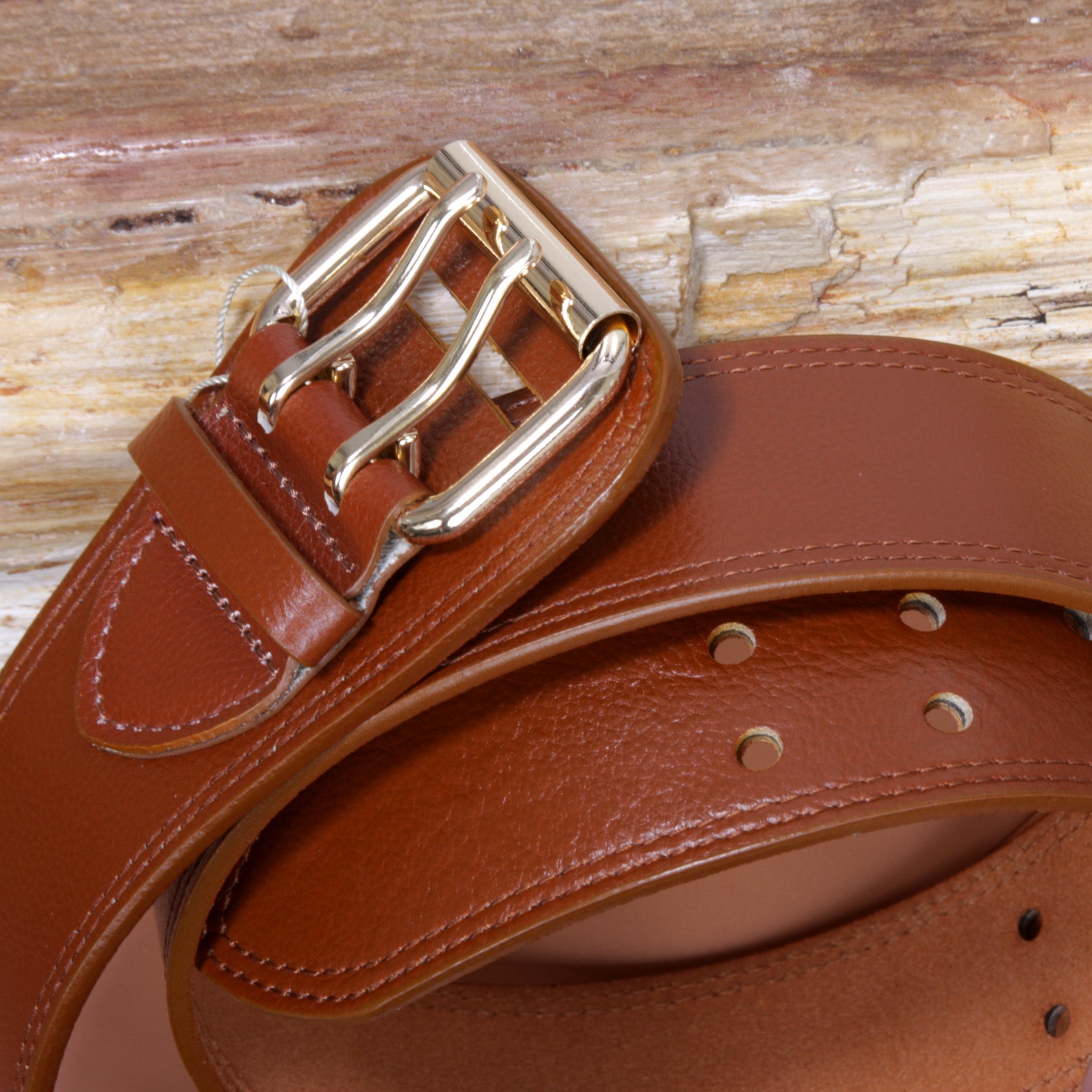 Women's Litchi Veined Double Stitch Double Hole Tapered Leather Belt - OnlineBelts