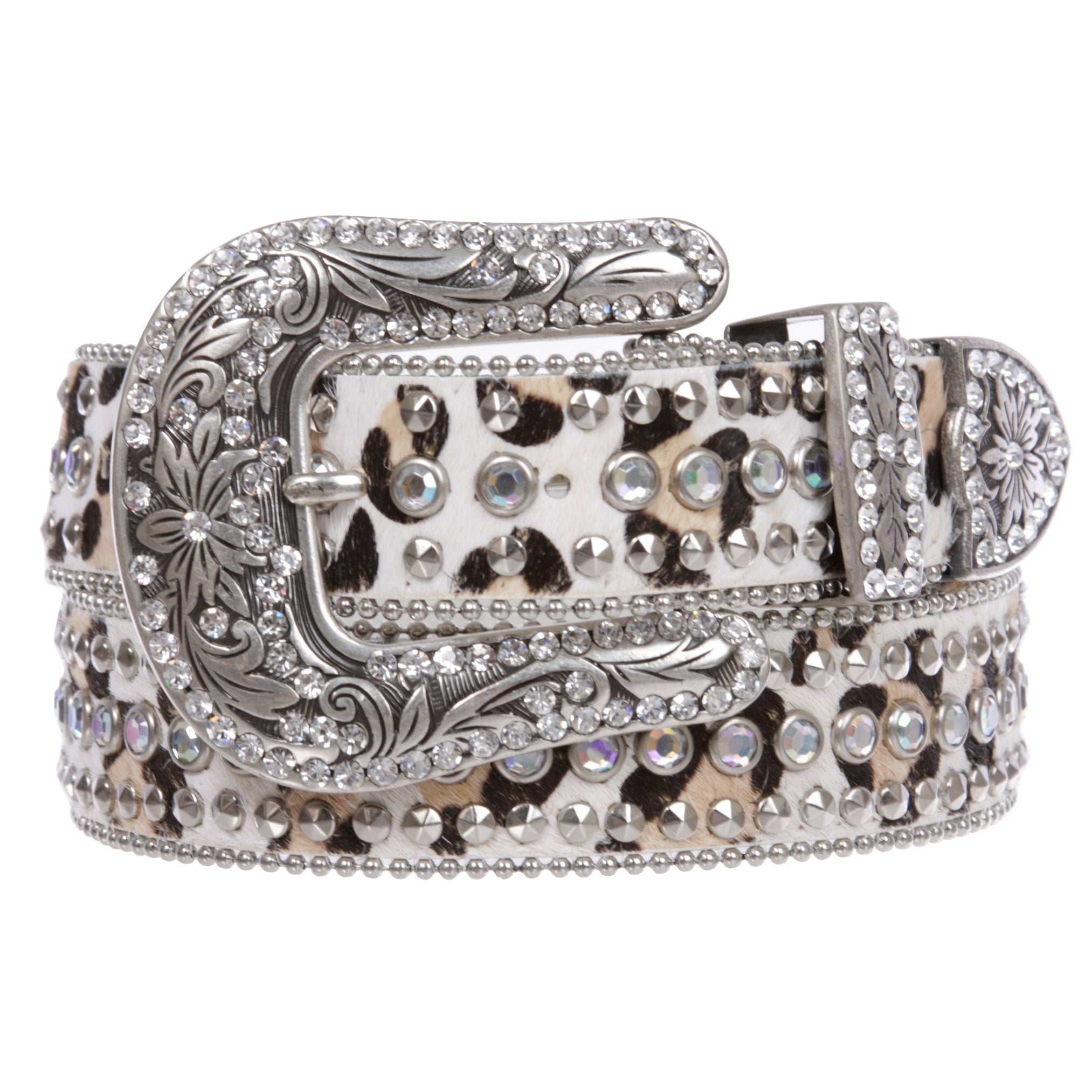Women's Western Leopard Zebra Print Calf Hair Rhinestone Rivet Detailing Belt - OnlineBelts