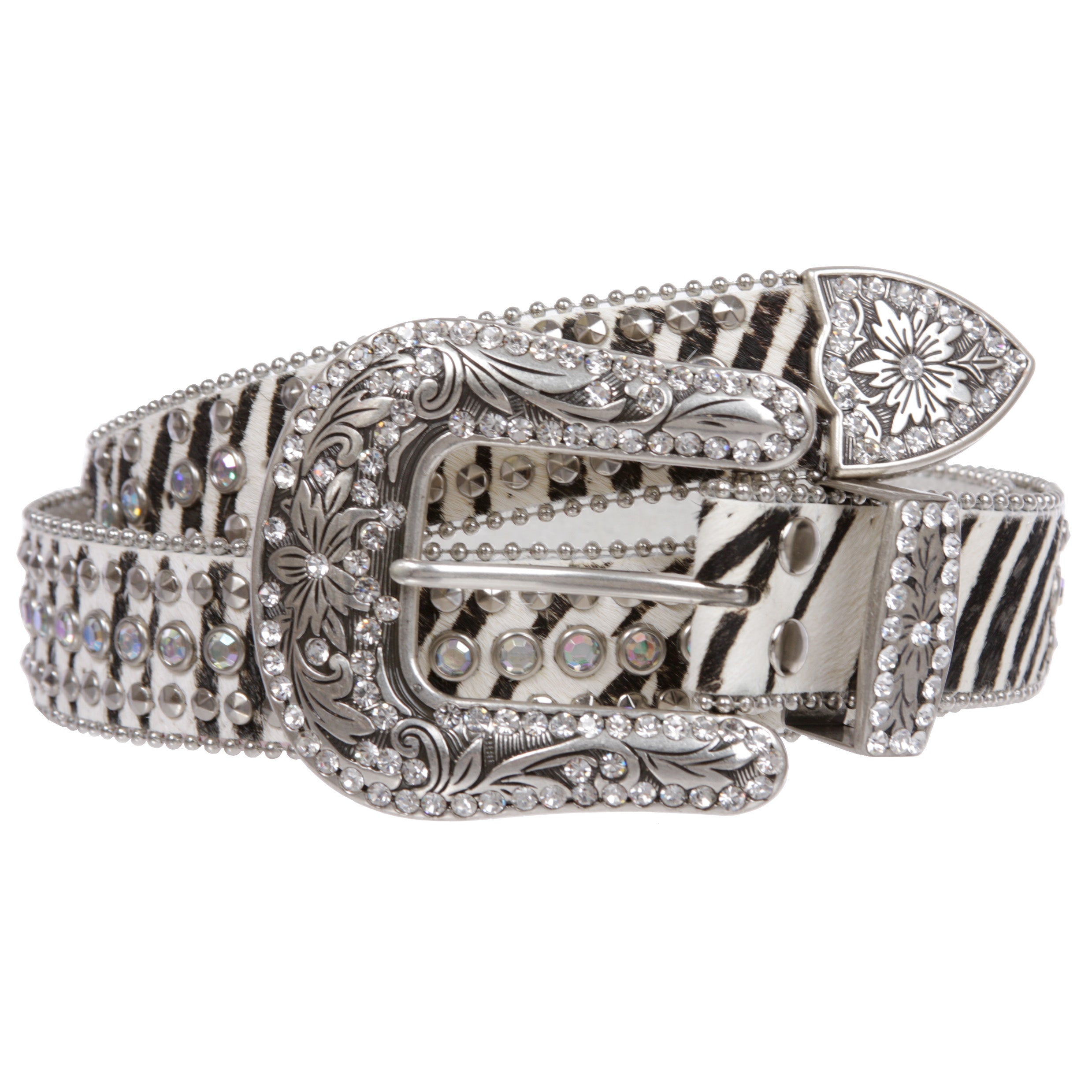 Women's Western Leopard Zebra Print Calf Hair Rhinestone Rivet Detailing Belt - OnlineBelts