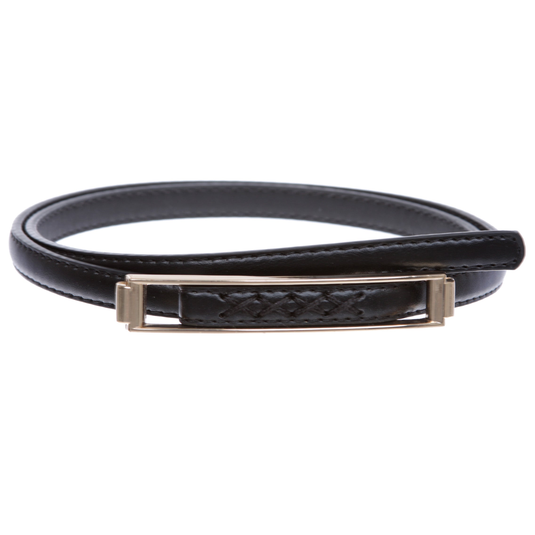 Womens Thin Belts Skinny Faux Leather Stitch Belt with Gold Tone Buckle - OnlineBelts
